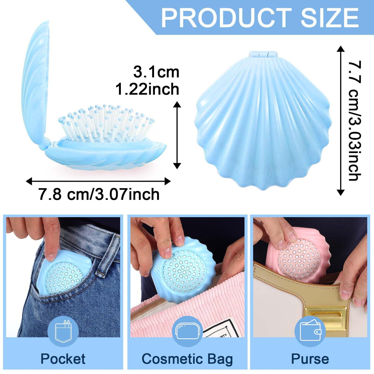 Nogeqi 2 Pcs Shell Shape Foldable Mini Brush for Hair,Travel Size Hair Brush with Mirror,Conch Folding Hair Brush,Portable Compact Hair Brush for Women and Purse Must Haves (Blue Pink)