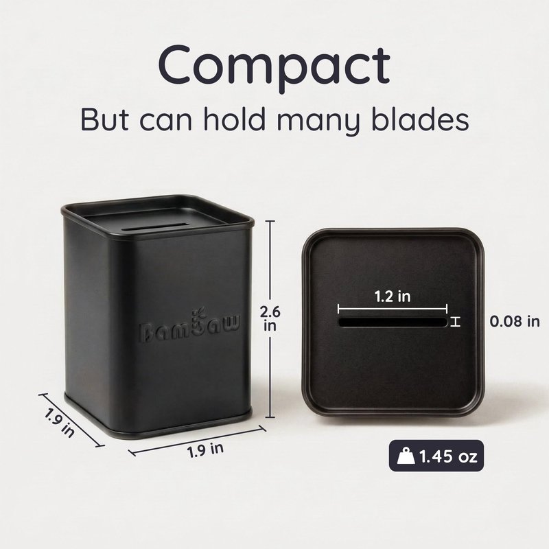 Bambaw Safety Razor Blade Disposal Container for Safety Razor Blades, High Capacity, Compact & Sealed Bank with One-Way Slot, Made of Tin-Plated Steel (Black)