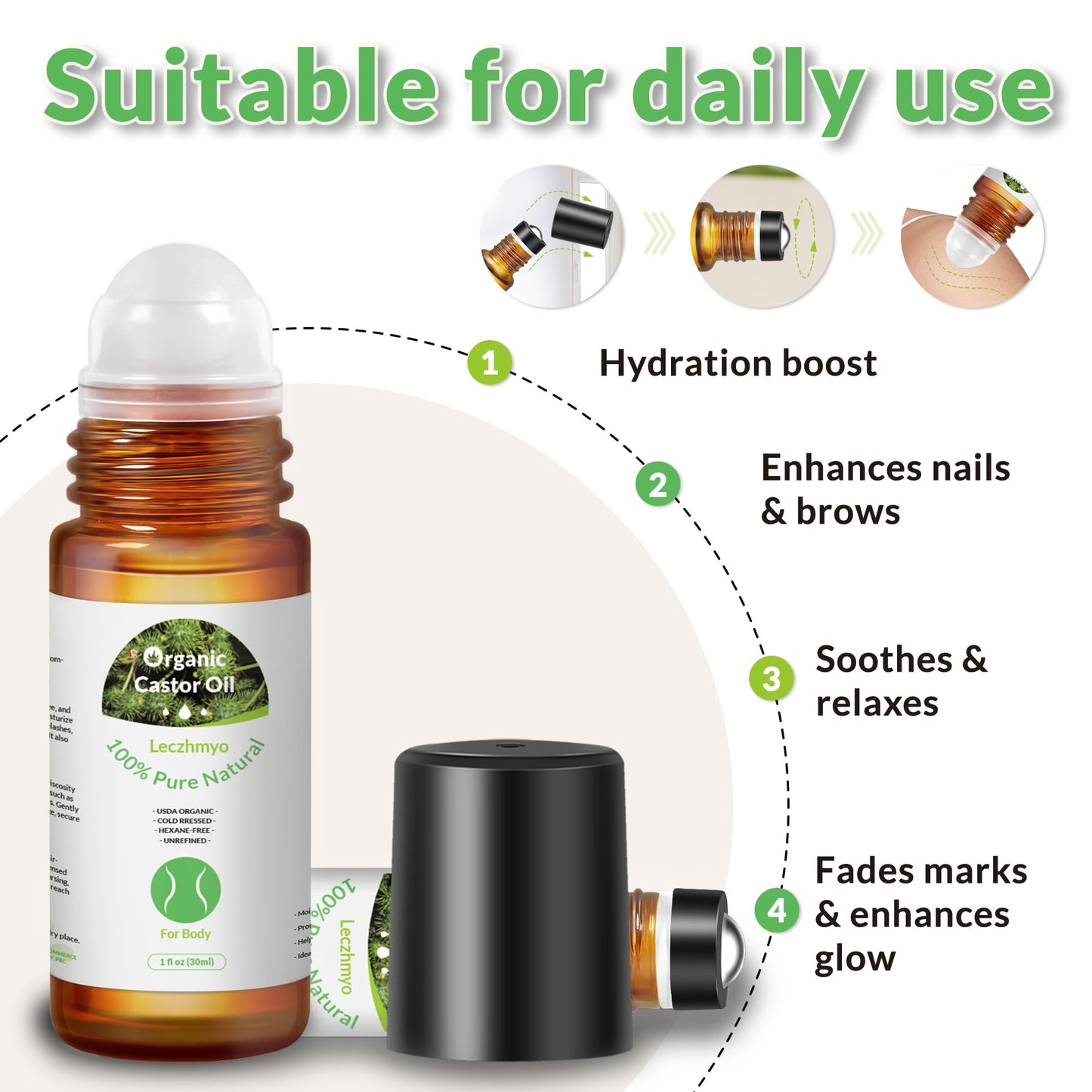 Leczhmyo Organic Castor Oil Roll on for Belly, Face, Body, Under Eyes– Certified Organic, Cold Pressed, Hexane Free, Unrefined – 3 Glass Bottle Pure Roller Ball Castor Oil to Moisturize Skin, Lips