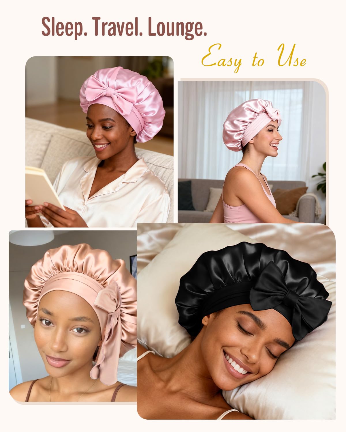 BONNET QUEEN Double Layer Silk Bonnet for Sleeping for Women Satin Bonnet Night Sleep Cap Wrap for Curly Hair with Adjustable Tie Band,Black