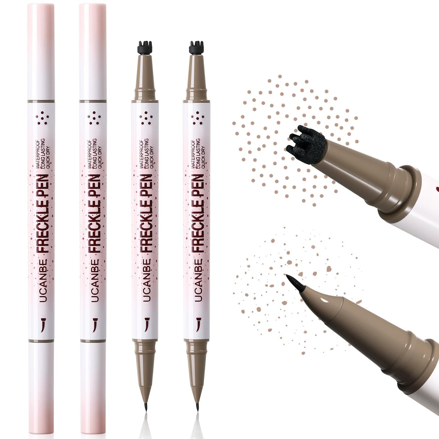 UCANBE 2PCS Dual-Ended Freckle Pen & Freckle Stamp - Precise 15° Curved Tip Makeup Waterproof & Smudge Proof, Long Lasting Faux Freckles Pencils (01 Light Brown)