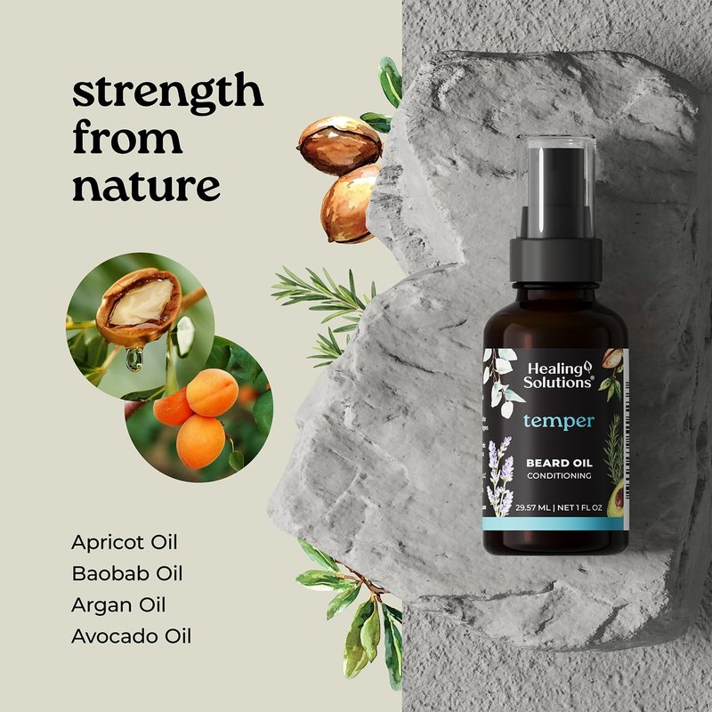 Healing Solutions Temper Beard Oil, All Natural Oil with Baobab, Argan, & Avocado Oil, 1oz, Deep Conditioning for Soft, Manageable Beard, No Synthetic Fragrance