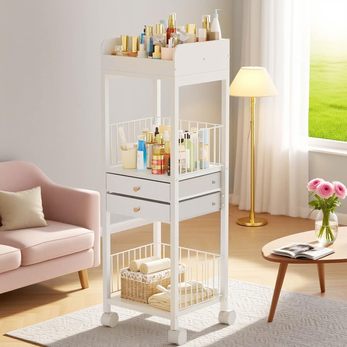 Makeup Organizer Storage Cart - 2 Drawer Versatile Vanity Display Case for Skincare, Cosmetics & Hair Tools | Floor Stand