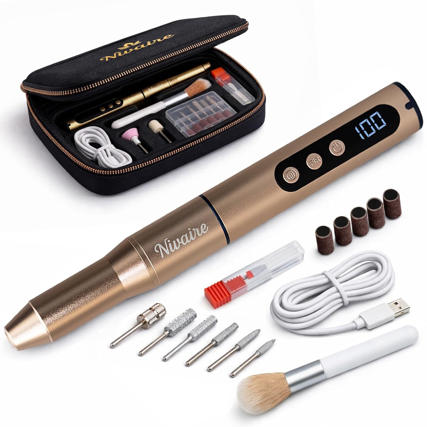 Cordless Nail Drill Kit - 35000RPM Electric Manicure Set with 8 Drill Bits & 5 Speed Levels | Portable Rechargeable (Gold)