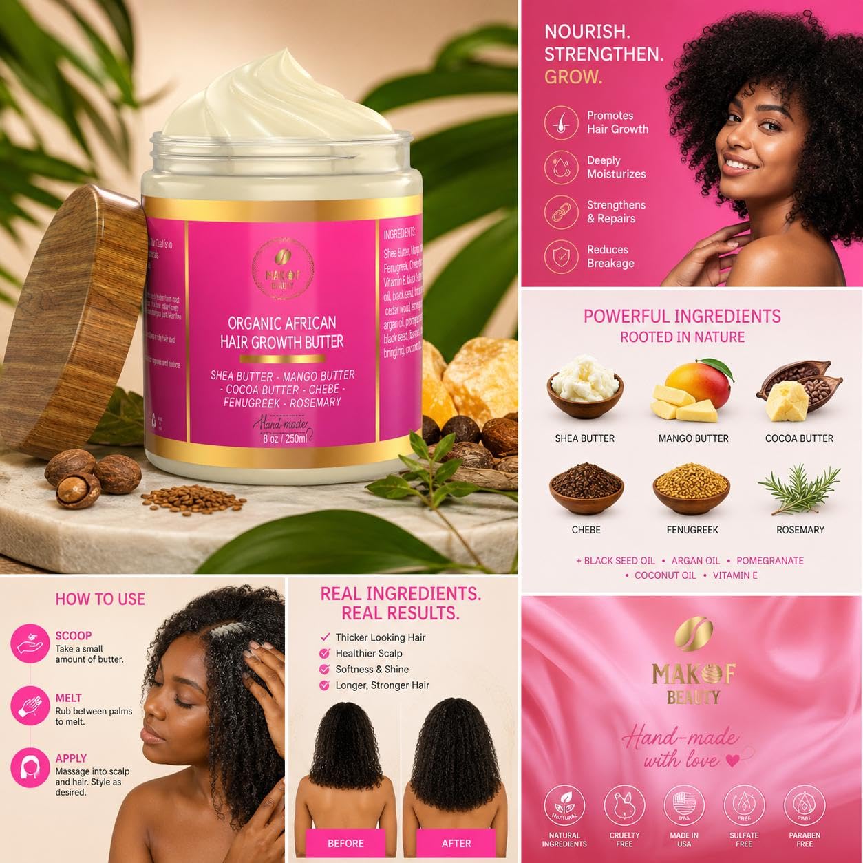 Chebe Hair Growth and Thickening Butter - Ayurvedic Deep Conditioner with Shea, Cocoa, Mango Butter, Fenugreek, and Rosemary for All Hair Types, 8 oz