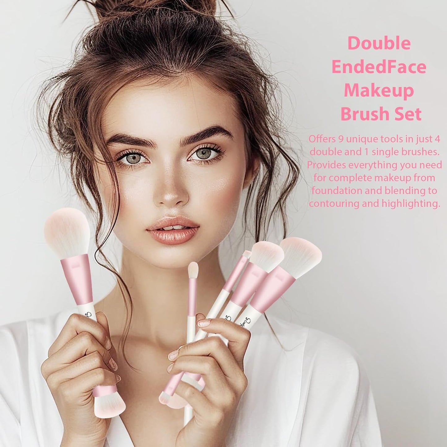 Makeup Brushes Set - 5-Piece Dual-Ended Pink Brush Set for Foundation, Blush, Contour & Eyeshadow | Travel-Friendly with Bag