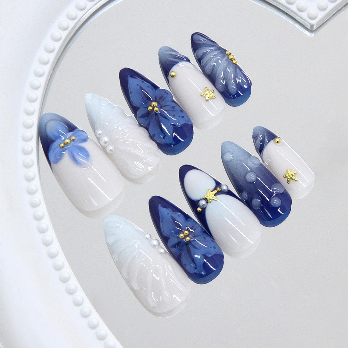 24Pcs Blue Flower Press on Nails Medium Almond French Tip Fake Nails with 3D Gold Starfish Pearls Designs Lily Flowers False Nails Blue Gradient Full Cover Cute Floral Acrylic Stick on Nails for Women