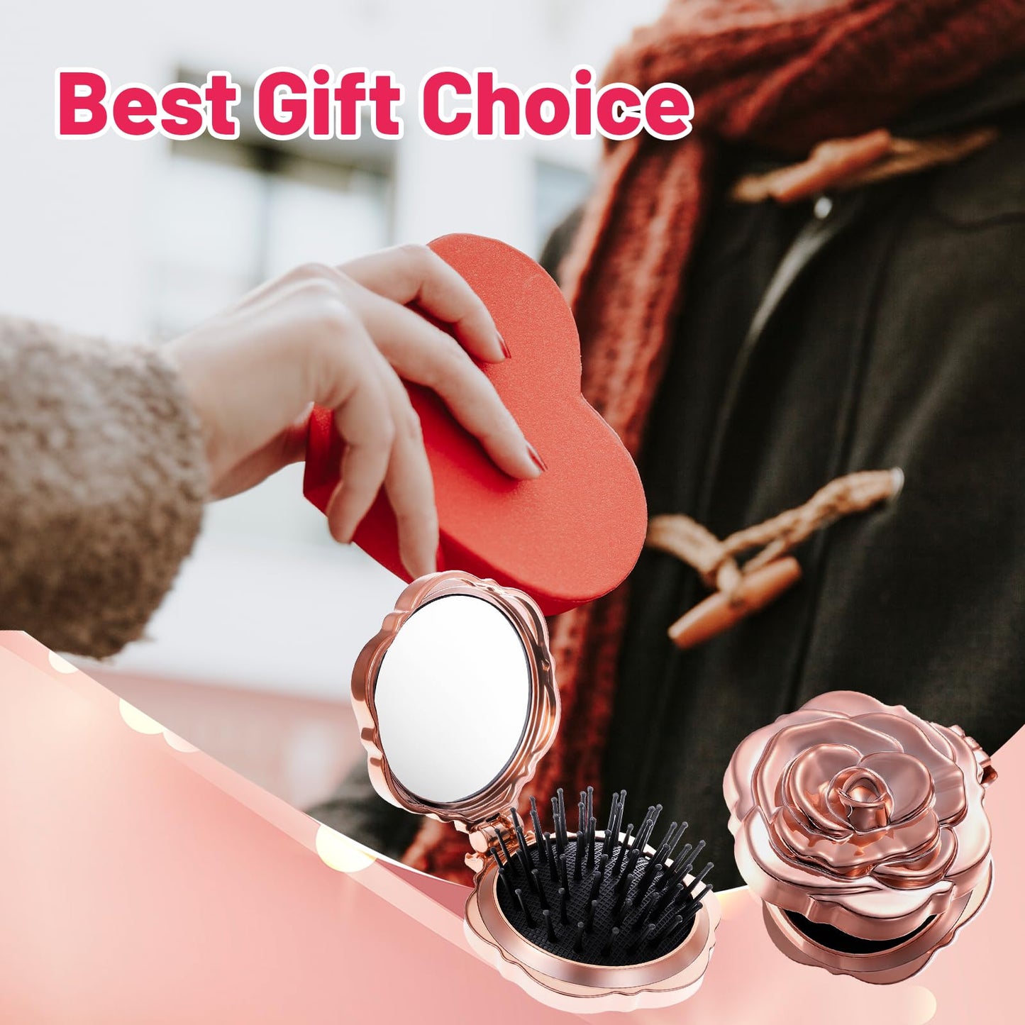 Matwsec 2 Pcs Folding Hair Brush for Women, Rose Gold Small Hair Brush for Purse, Compact Mini Hairbrush with Mirror, Portable Pocket Travel HairBrush for Women Girls Stocking stuffers