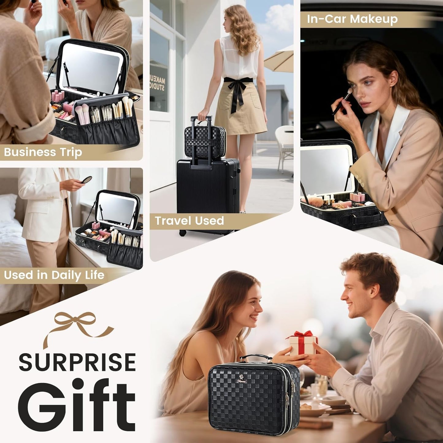 LED Lighted Makeup Bag - Double Layer Cosmetic Train Case with Adjustable Brightness | Black Checkerboard Design