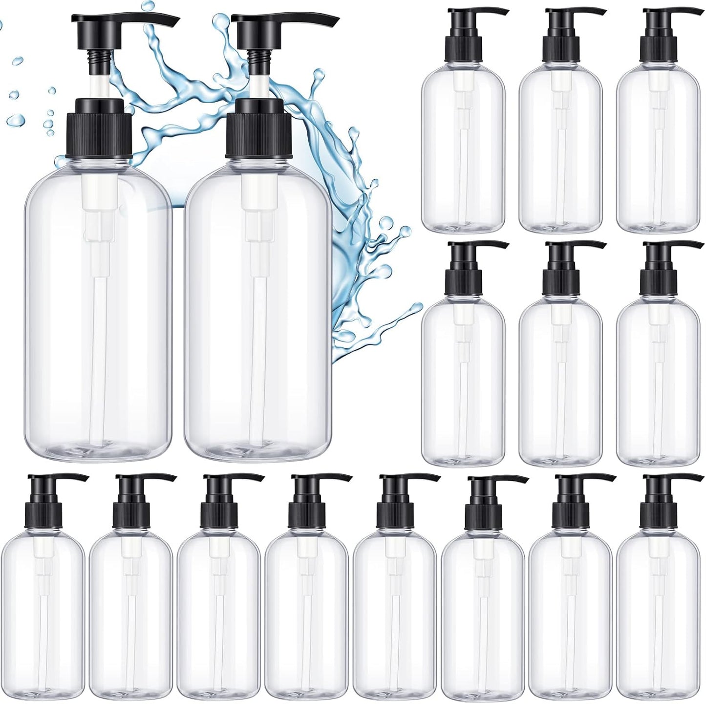 Refillable Shampoo Dispenser - 16 Pcs Plastic Pump Bottles for Shower & Kitchen | 250 ML/8.5 OZ