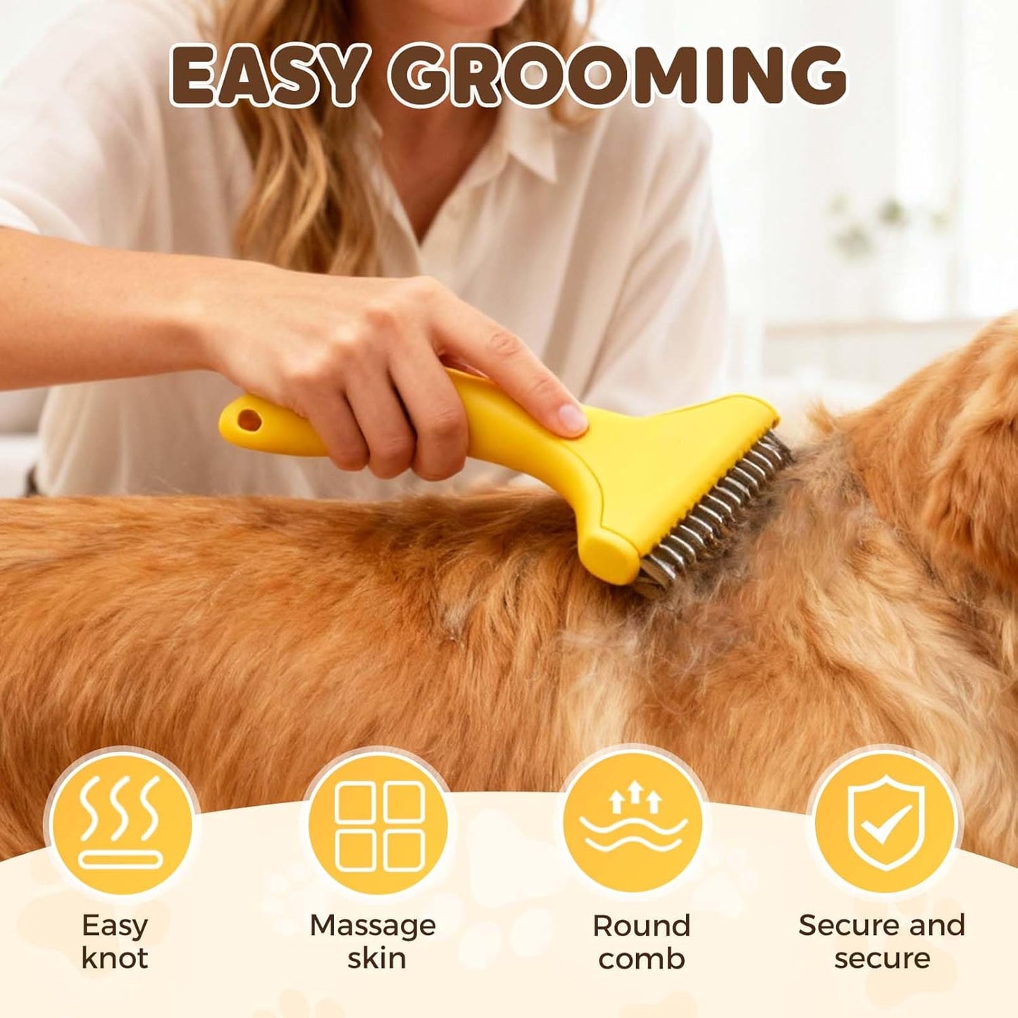 Dematting Comb for Dogs & Cats - Dual-Sided Grooming Brush for Long Hair | Removes Tangles & Loose Fur (Lemon Yellow)