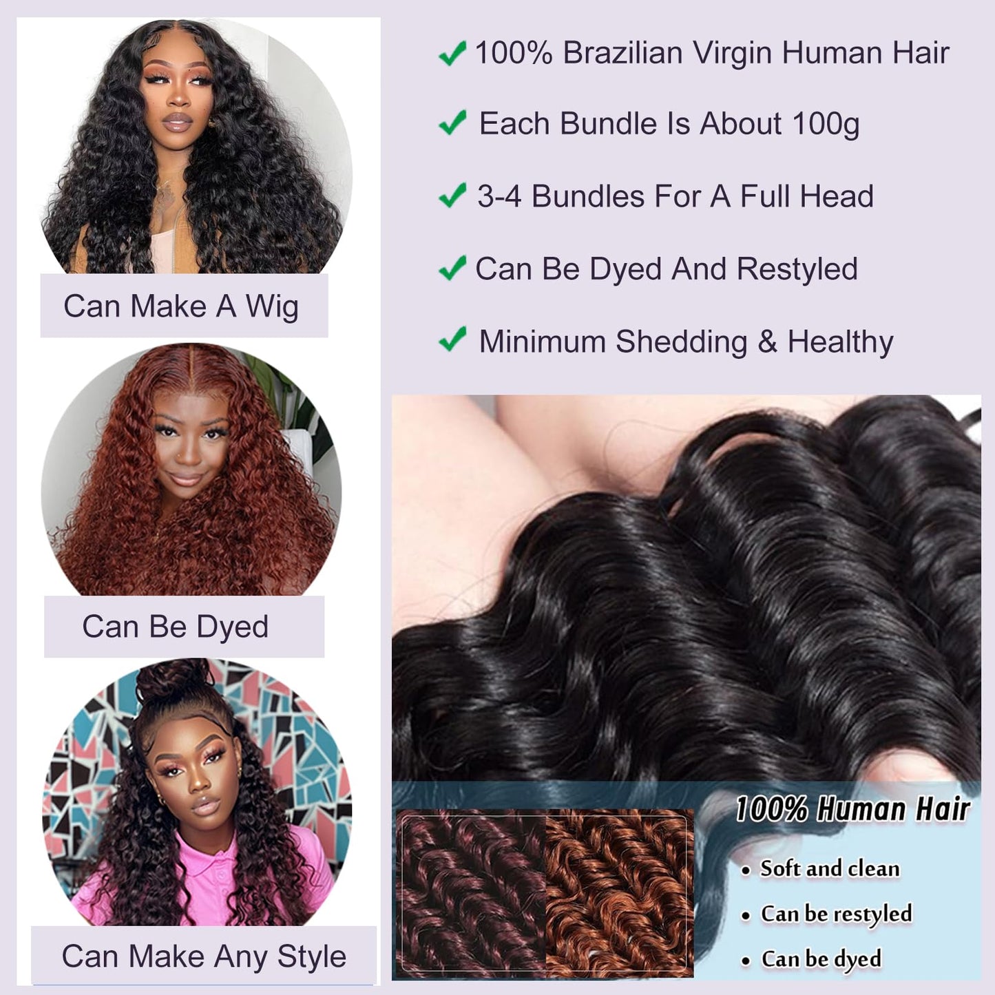 Deep Wave Human Hair Bundles, 13A Curly Bundles Human Hair, Wet and Wavy 100% Brazilian Virgin Quick Weave Deep Wave Bundle for Women (Bundles Natural Black)