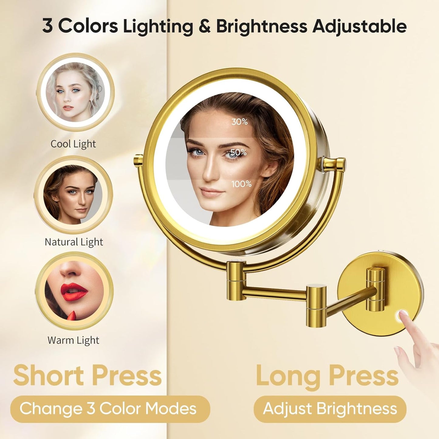 Magnifying Makeup Mirror - 8.5" Double-Sided Wall-Mounted Vanity Mirror with Dimmable LED Lights & 10X Magnification | Brushed Gold