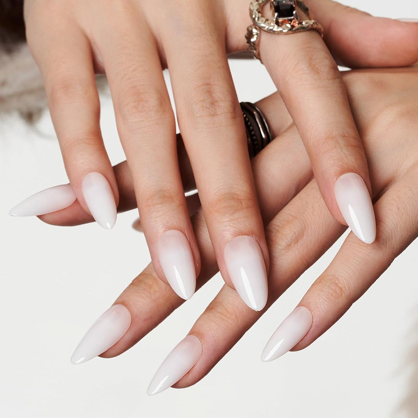 Press On Nails | Medium Almond White Ombre Gel False Nails - Reusable Short Stiletto & Oval Acrylic Manicure Set