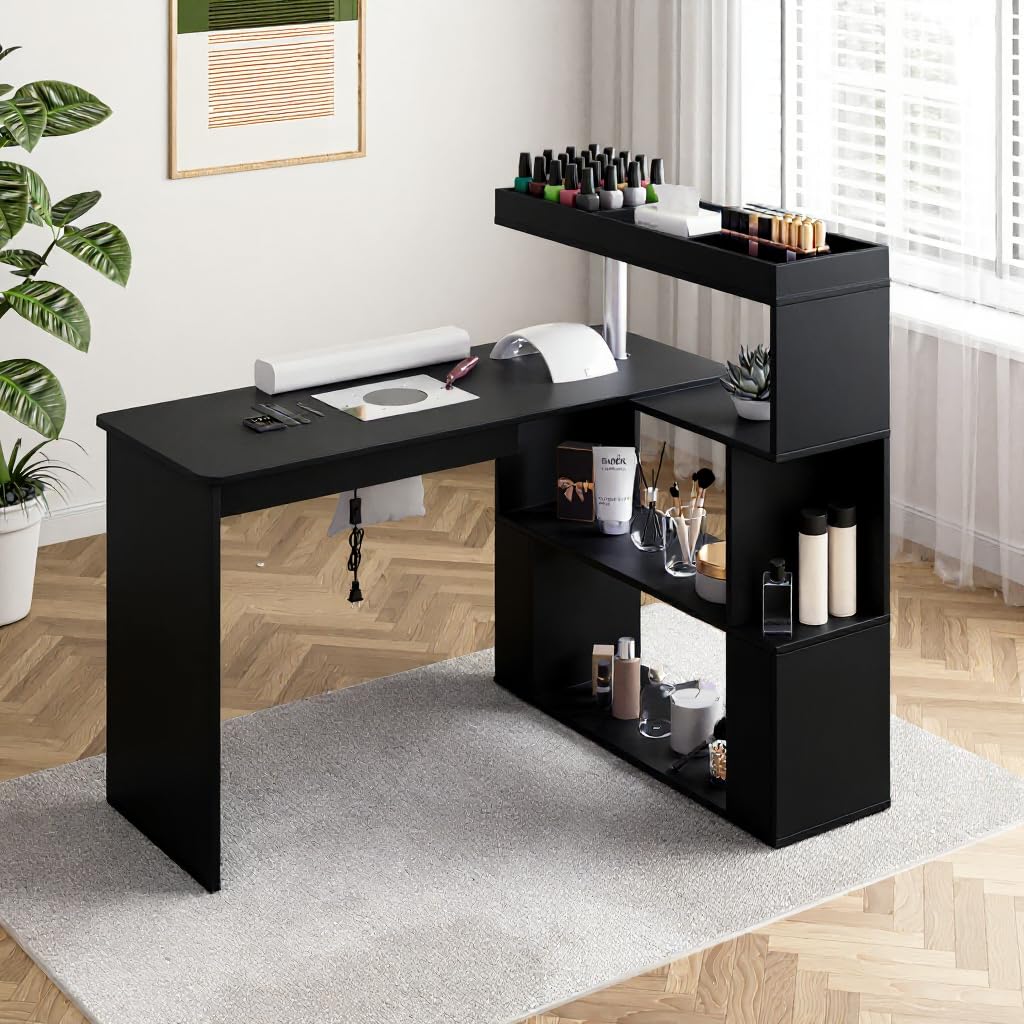 HolaiNail Manicure Table, L-Shaped Nail Tech Desk with Dust Collector, Reversible Rotating Table & Storage Shelf, Acetone Resistant Beauty Salon Station, Black