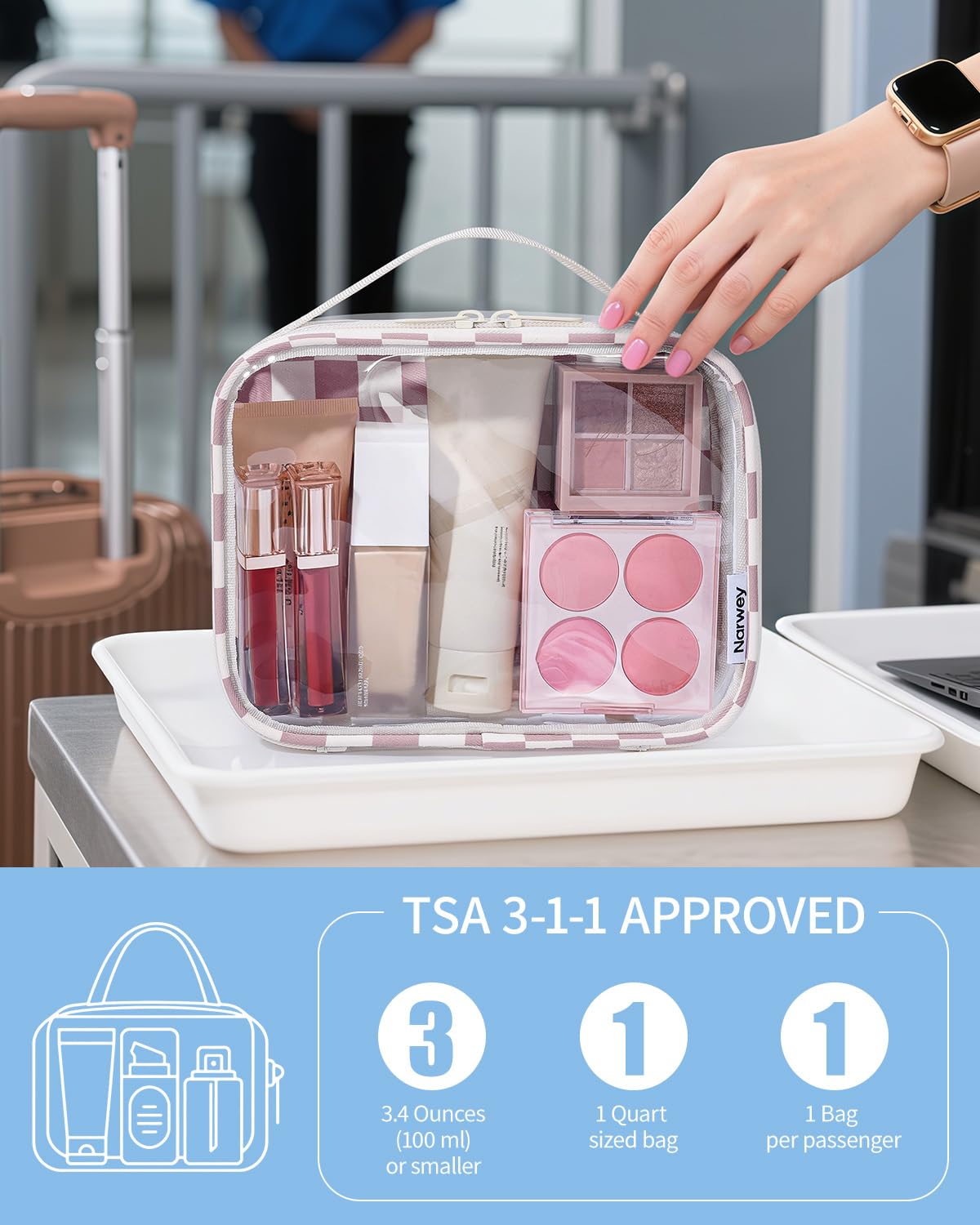 Narwey TSA Approved Clear Toiletry Bag for Travel Waterproof PVC Clear Makeup Bags, Portable Compact Cosmetic Bag Make Up Organizer, Airport Airline Quart Size Compliant Bag (Light Brown Checkerboard)