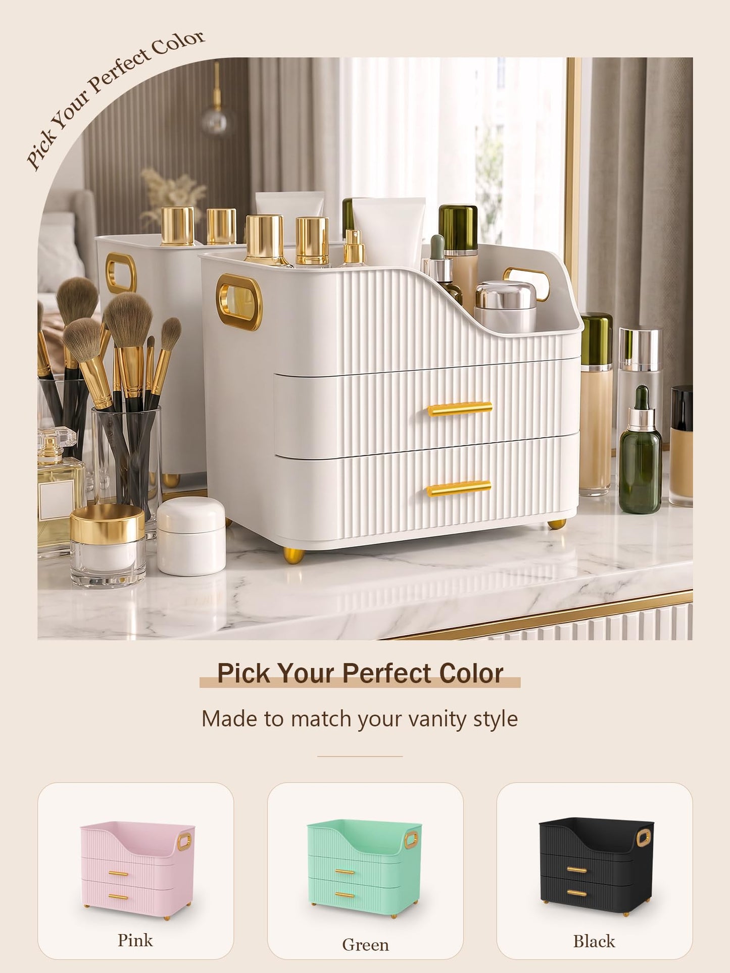 Booklov Countertop Makeup Organizer with Drawers, 3 Tier Large Cosmetic Storage Box for Vanity, Bathroom Counter, Dresser, Skincare Display Case for Lipsticks, Beauty Palettes, Teen Girl Gifts, White