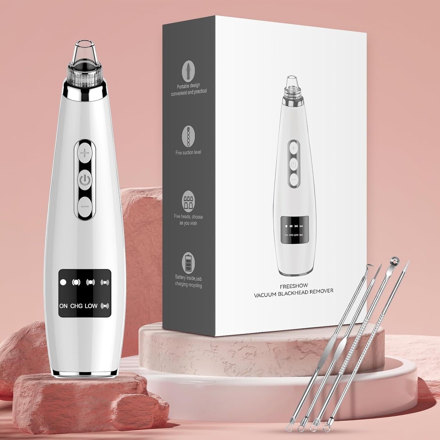 Blackhead Remover Vacuum | Upgraded Electric Pore Cleaner Tool - 5 Suction Levels, USB Rechargeable, 5 Probes for All Skin Types