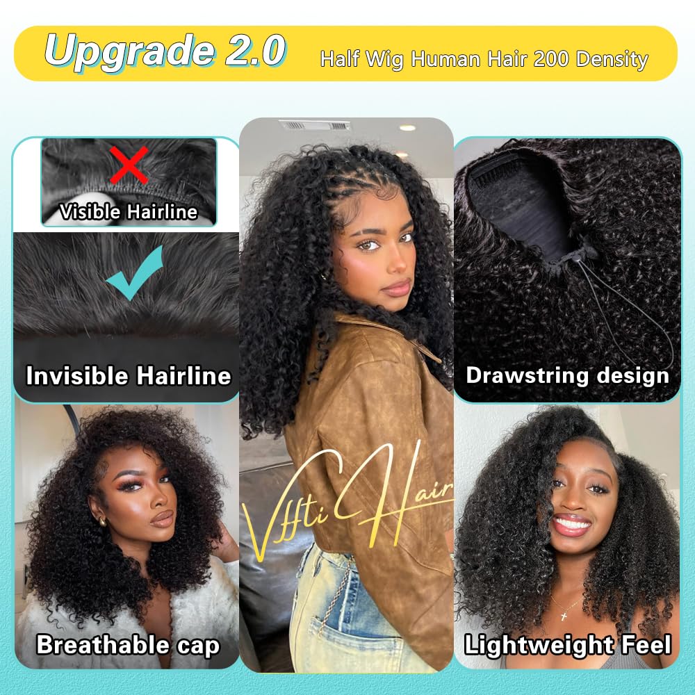 VFFTI Kinky Curly Half Wig Human Hair 200 Density 3 In 1 Drawstring Seamless Flip Half Wigs Wear Go Glueless Wigs Human Hair 18 Inch Curly Half Wig for Women Drawstring Headband Wig Beginner Friendly