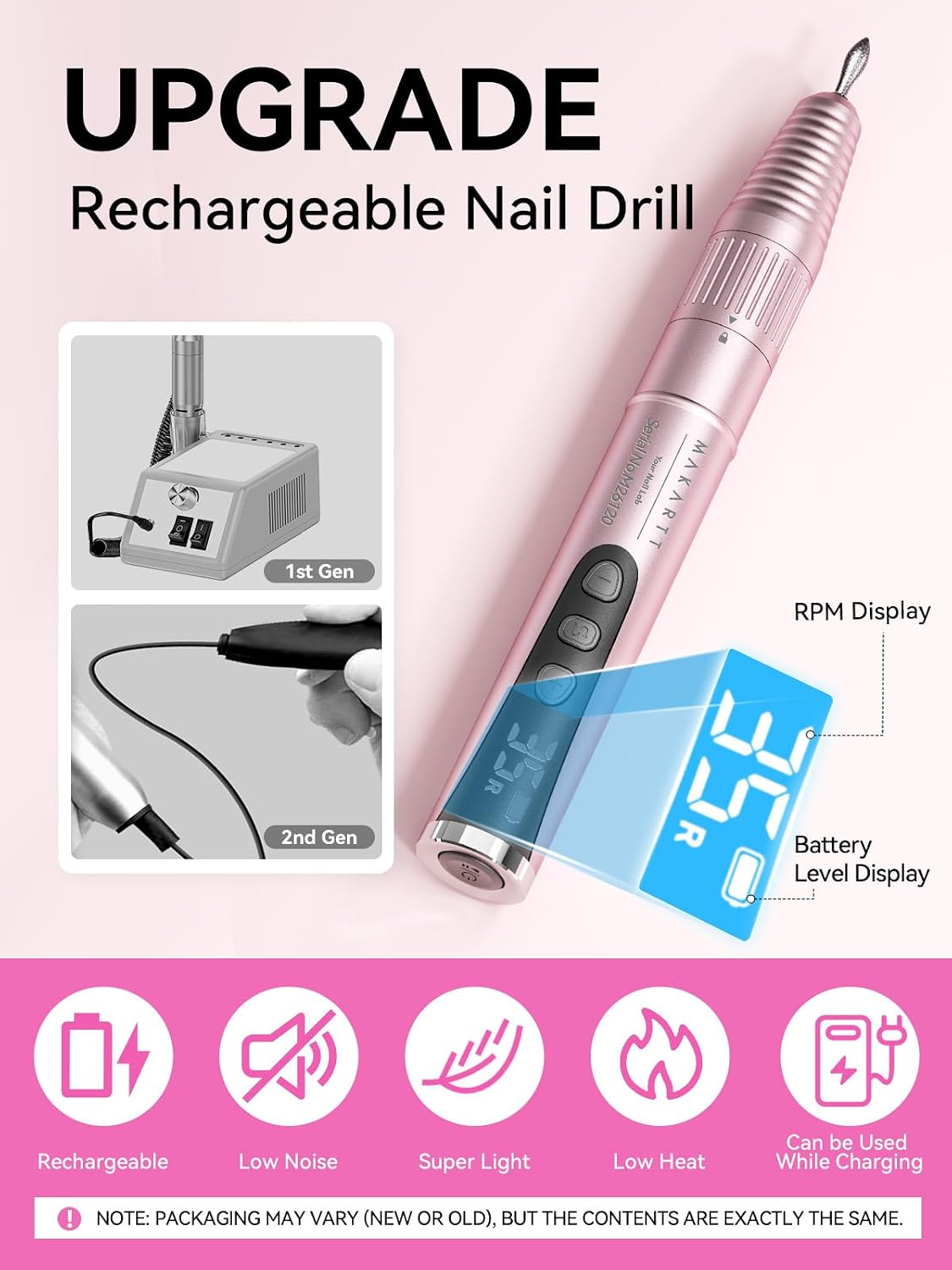 Electric Nail Drill - Rechargeable 35000 RPM Professional Efile | Cordless Nail Machine for Acrylic Gel Polish, Lightweight & Portable