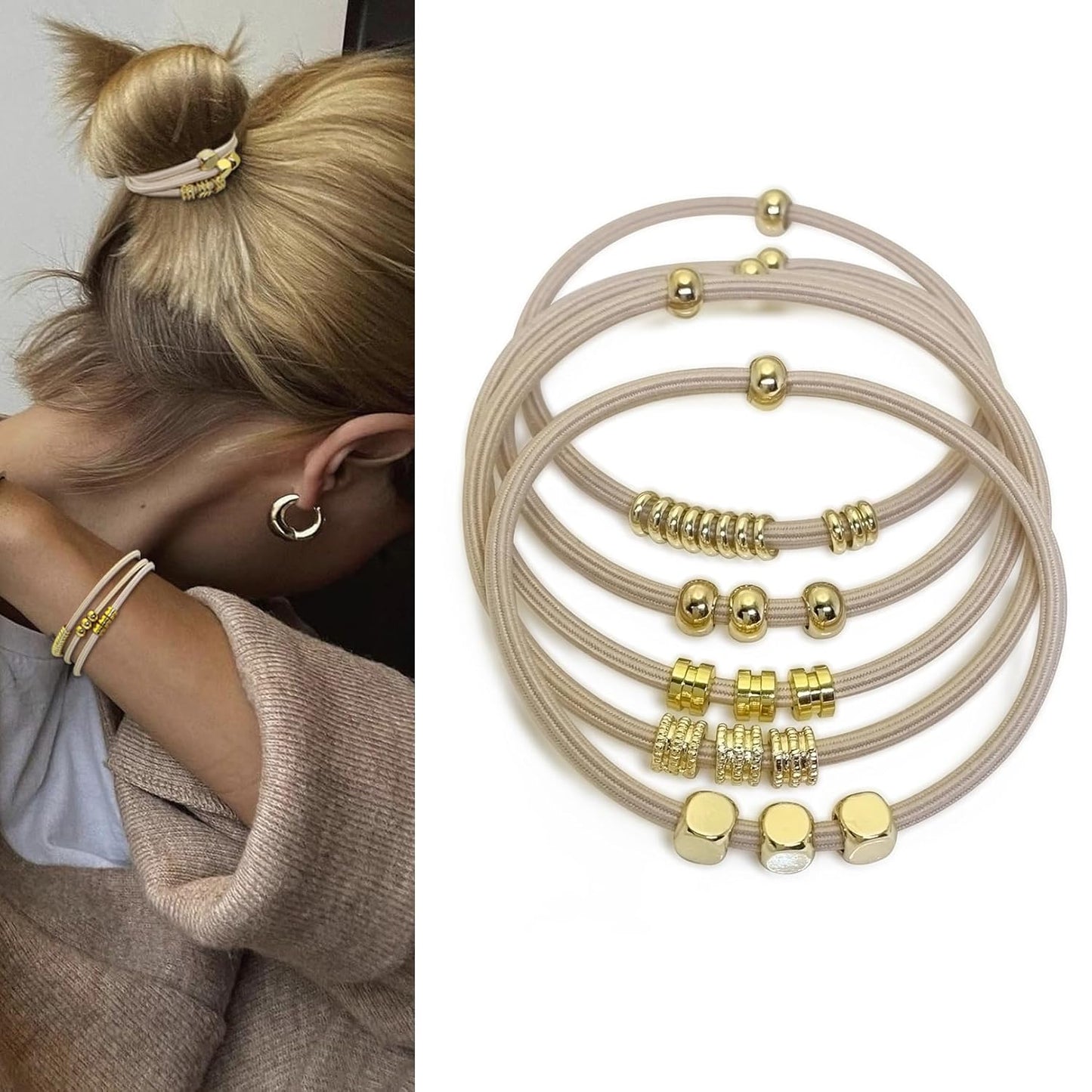Blonde Boho Hair Ties Bracelet - Trendy Elastic Ponytail Holders with Gold Bead | Ideal for Thick, Thin, Curly Hair (Beige)