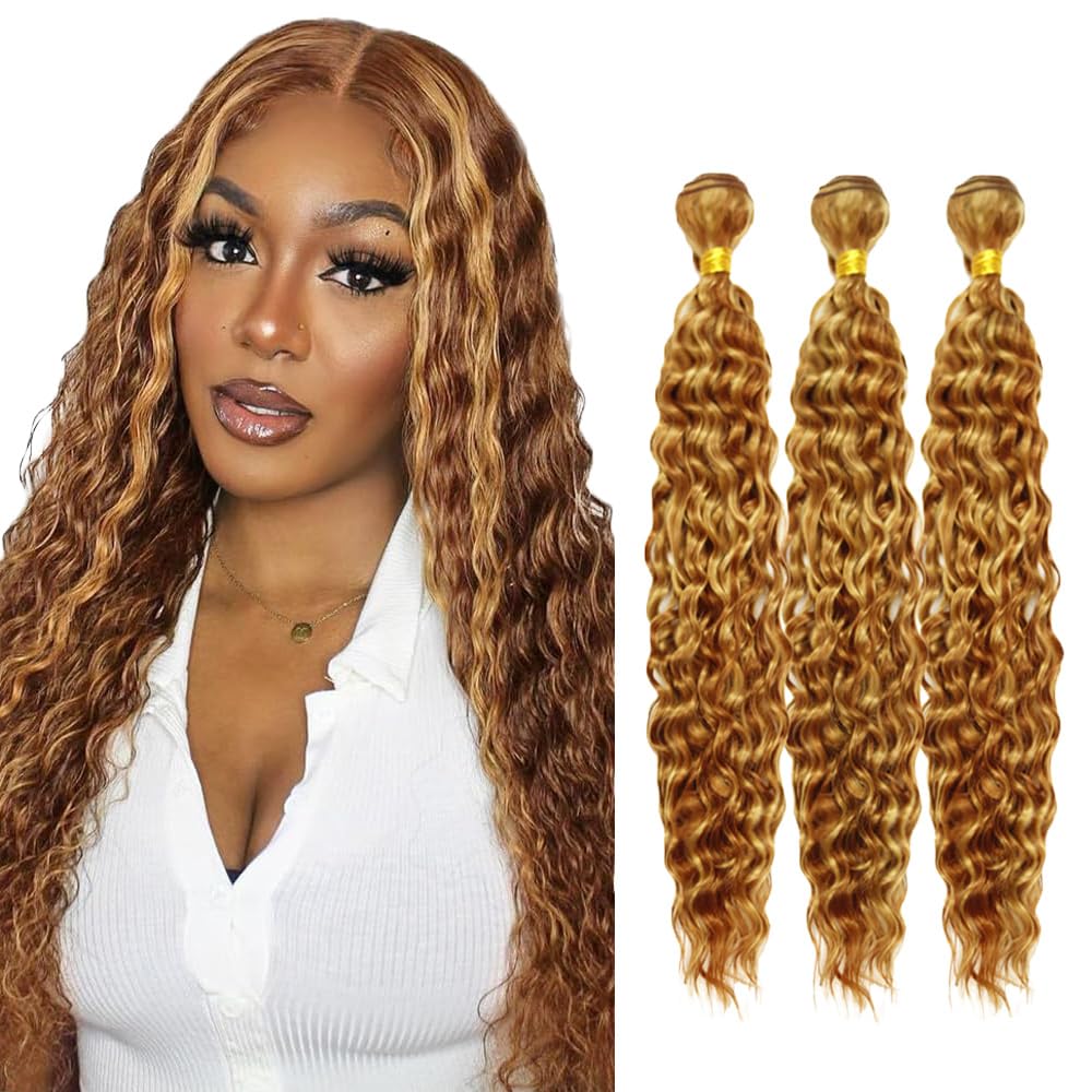 30 32 34 Inch Highlight Human Hair Bundles P27/30 Bundles Human Hair 8A Brazilian Virgin Brown Deep Wave Bundles Human Hair Extensions 2 Tone Honey Blonde Mixed With Brown Bundle