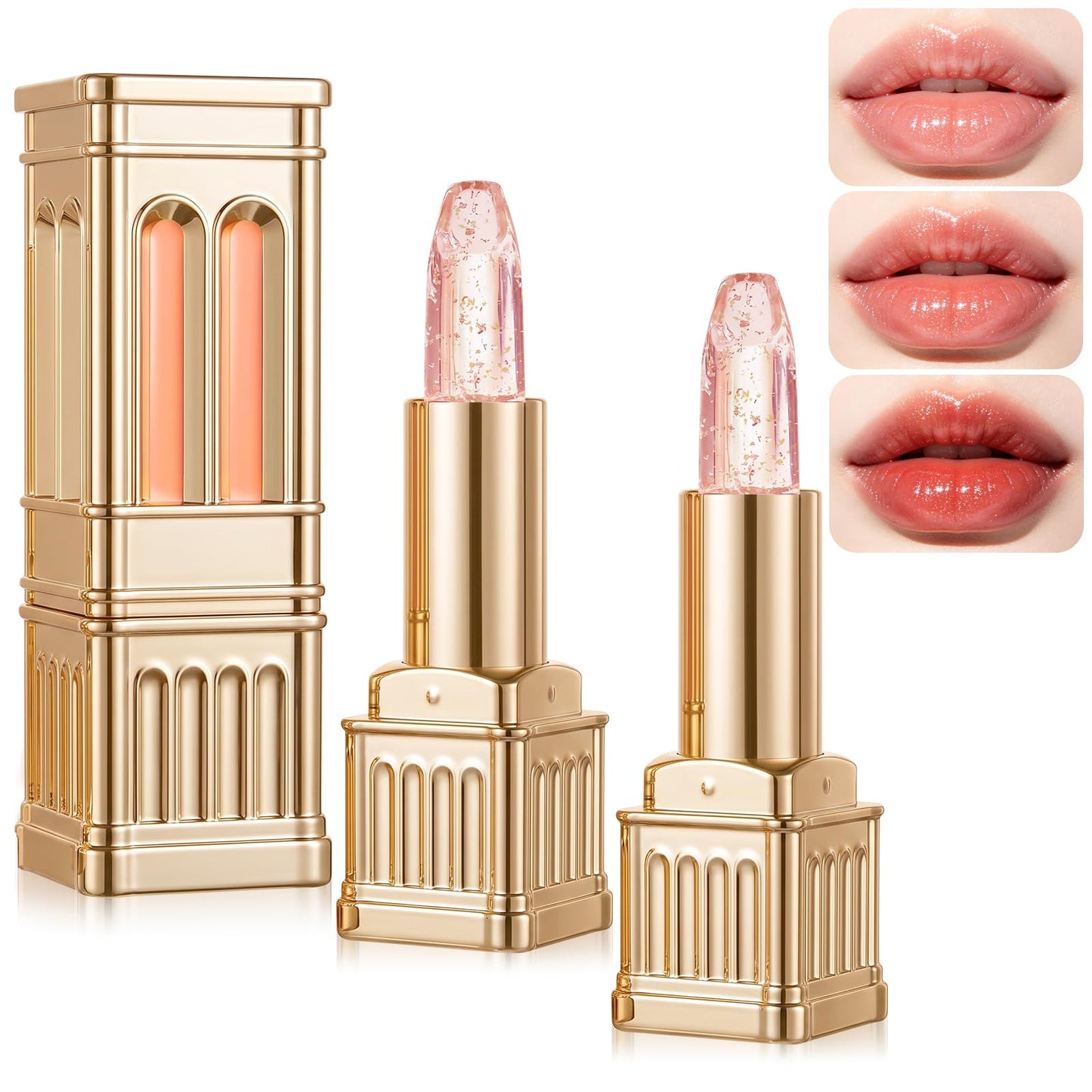TRWLCFF 2Pcs PH Color Changing Lipstick, Clear to Tinted Lip Balm, Long Lasting Hydrating Lip Gloss, Non-Sticky, pH Adaptive Lip Makeup for All Skin Tones (Gold Pink)