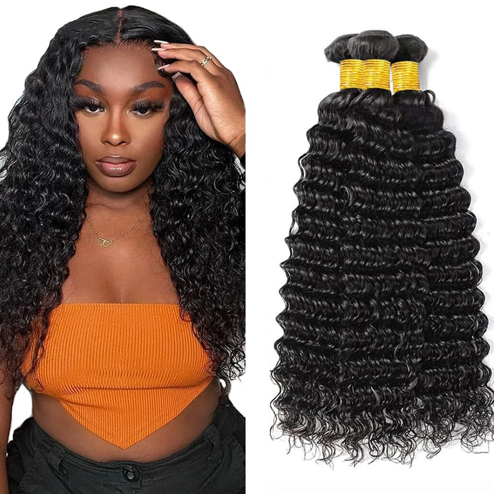 Deep Wave Bundles Human Hair 14 16 18 Inch Unprocessed Virgin Hair 3 Bundles Color #1B Loose Deep Wave Bundle Natural Black Color Hair Weave