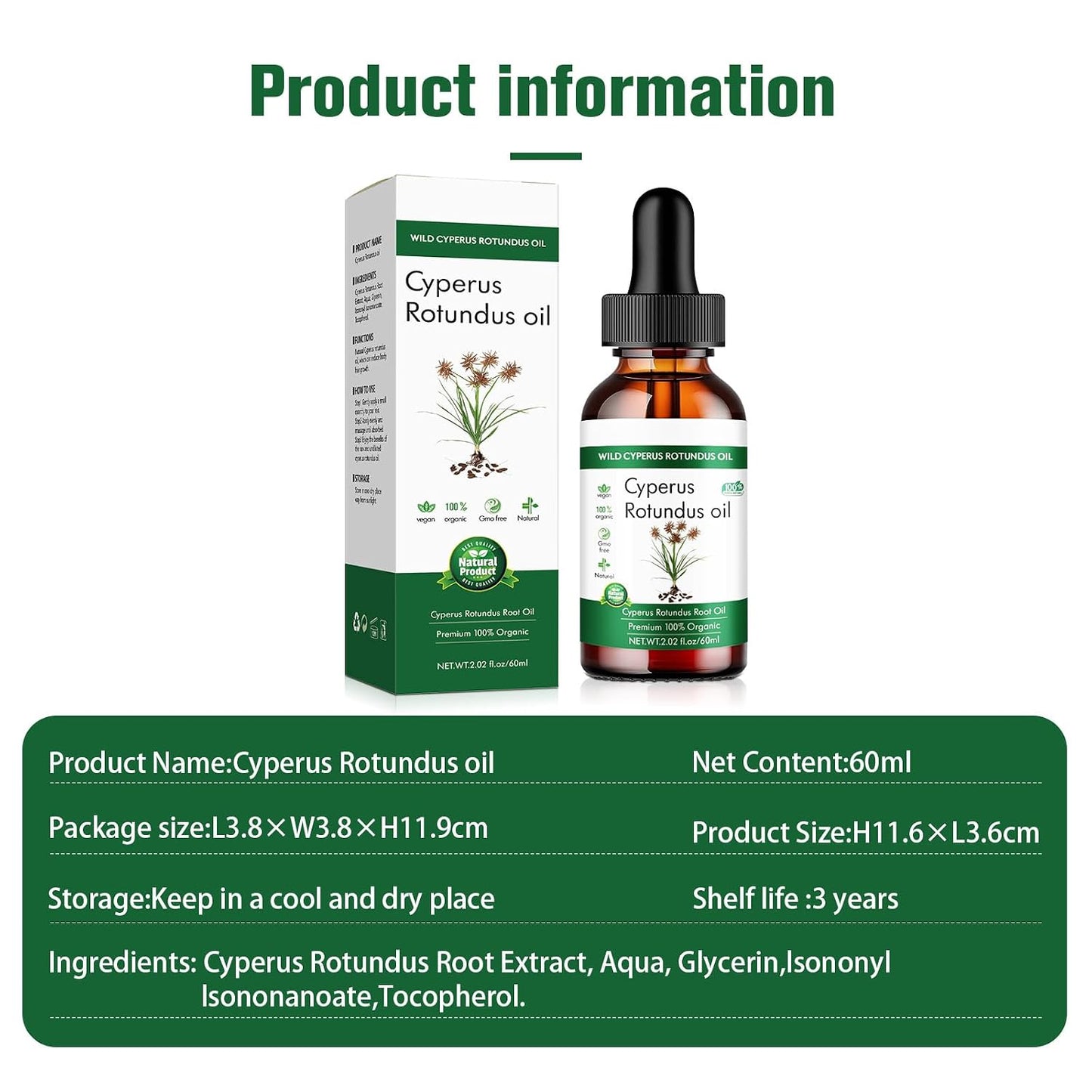 Wild Cyperus Rotundus Oil - 100% Organic Hair Removal Oil | 2.02 fl oz for Smooth Skin