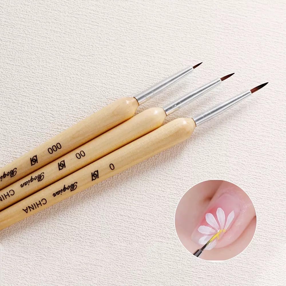 Calyuna Nail Art Liner Brushes, 3 Piece Set with Wooden Handle, for Flower, Petal & Leaves Gel Polish Design Painting