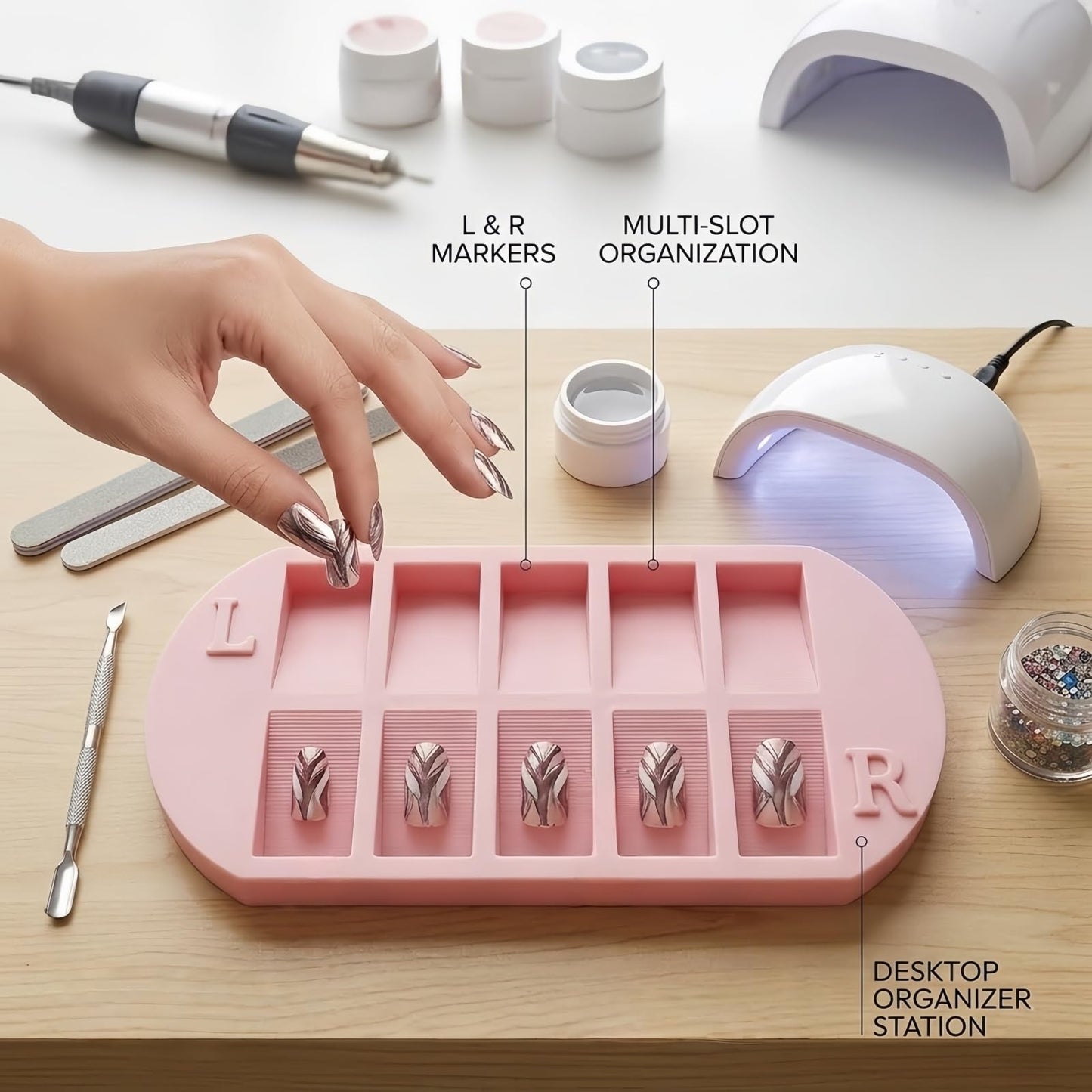 Press-On Nail Sorting Tray & Desktop Organizer, Multi-Compartment Manicure Prep Station, Portable Sizing Workstation for Nail Techs