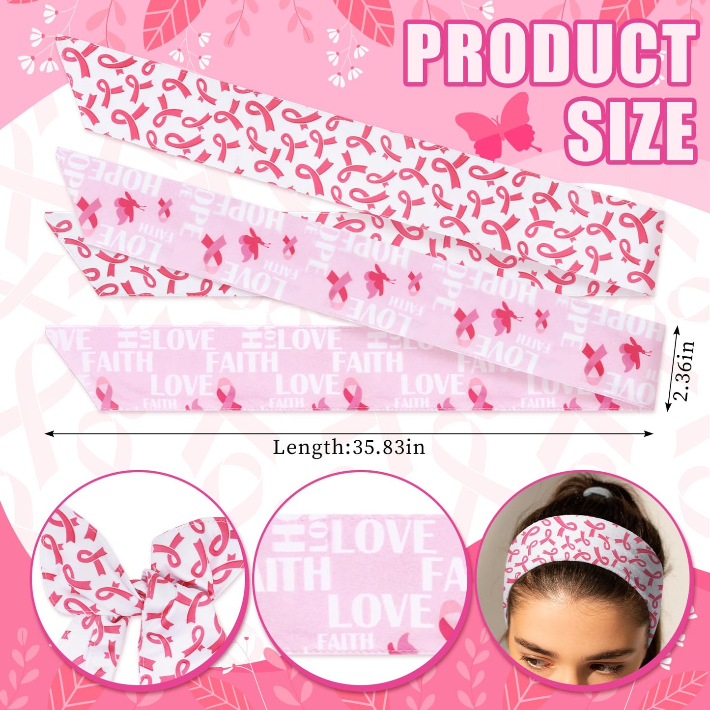 ABTOLS 2PCS Breast Cancer Awareness Tie Sweatband Headband for Men Women, Pink Awareness Athletic Hairband Tie Up Sweatband for Breast Cancer Fundraising Events Support