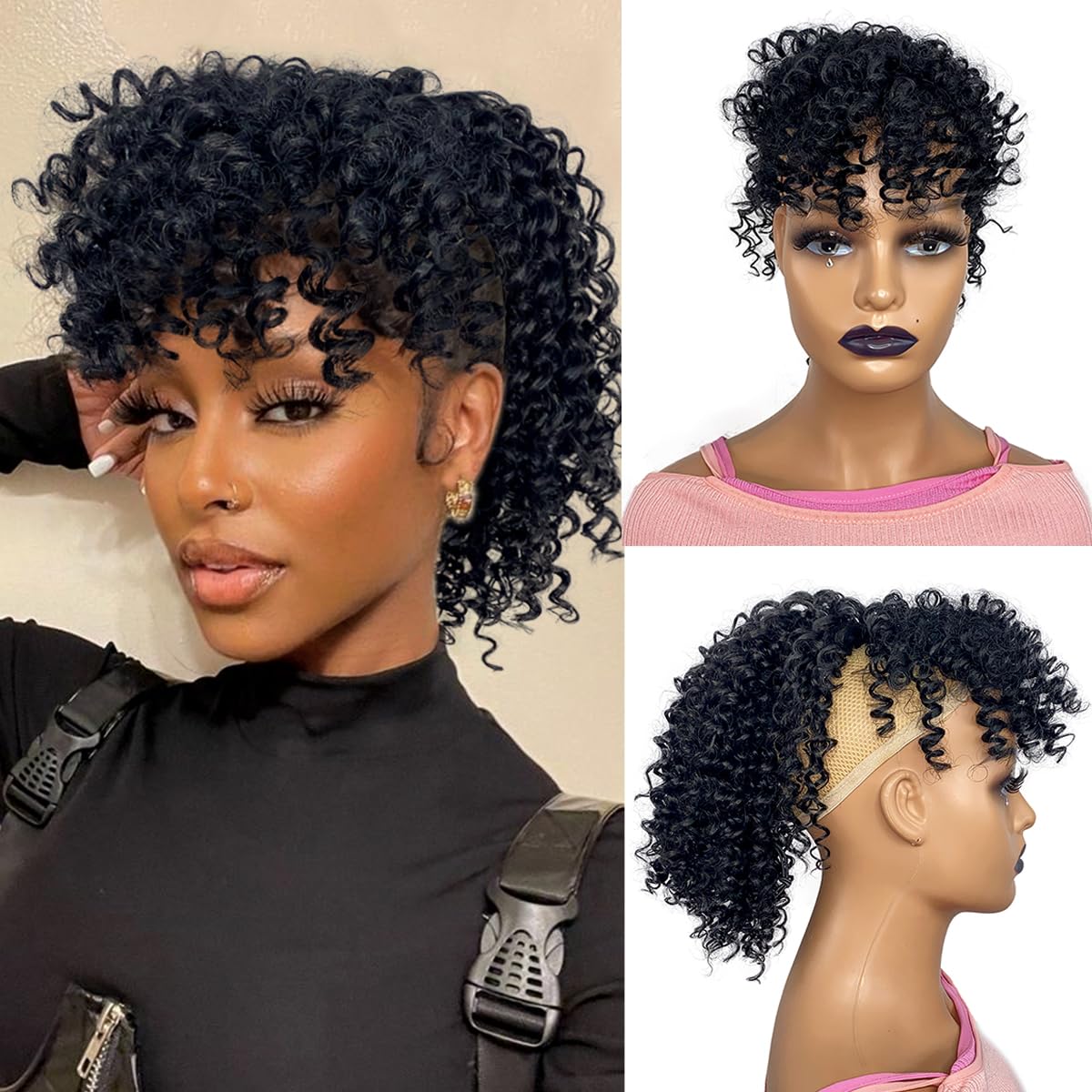 Curly Ponytail with Bangs - 12-Inch Short Kinky Curl Hair Piece | Afro Puff Clip-In for Black Women