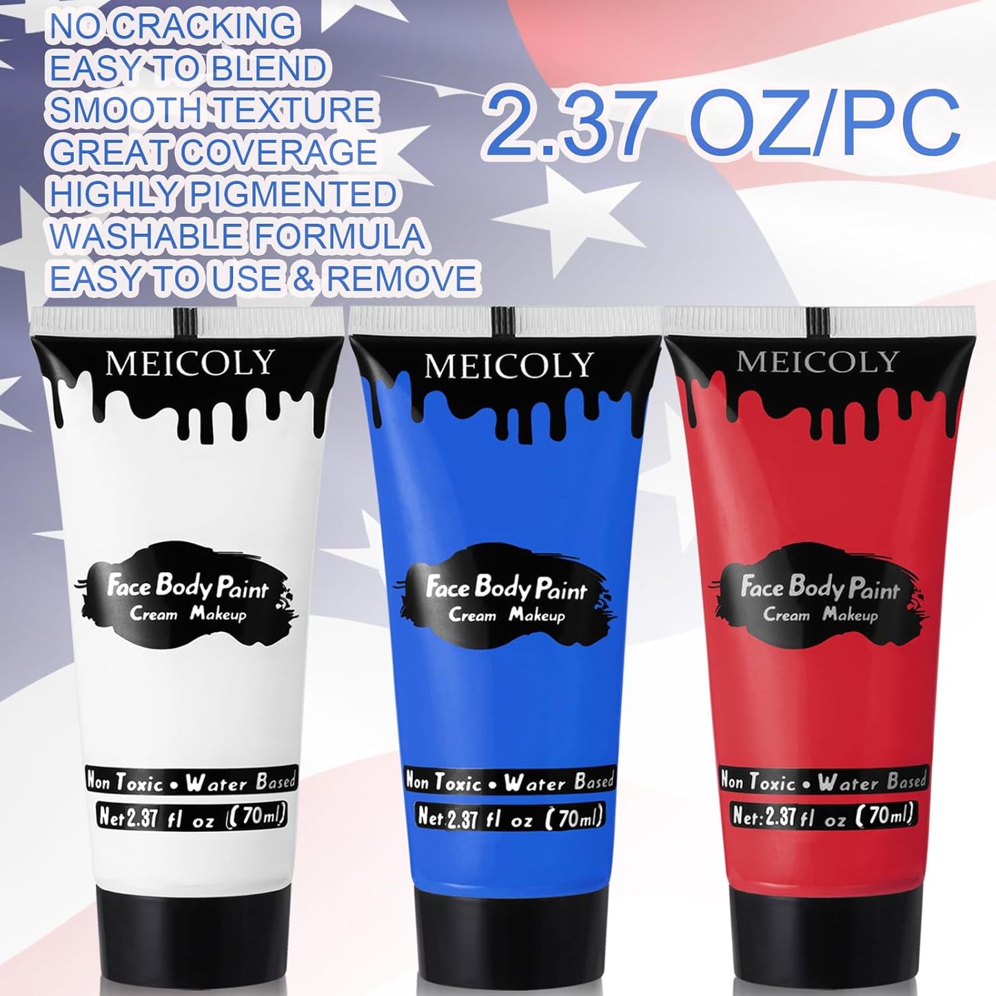 Patriotic Red White Blue Face & Body Paint Set - Water-Based Makeup with Setting Powder & Sponges | Perfect for Halloween & 4th of July Celebrations