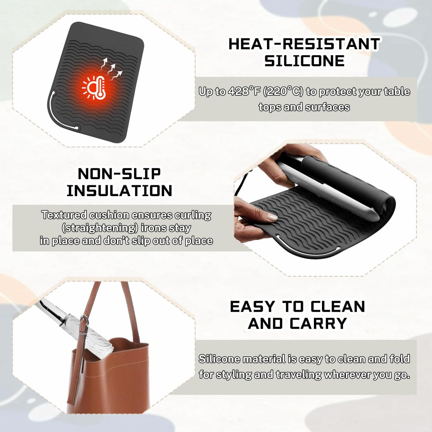 Silicone Heat Resistant Mat for Hair Styling Tools - 2 Pcs Portable Protection Pads | 8.46" x 6.3", Black & White
