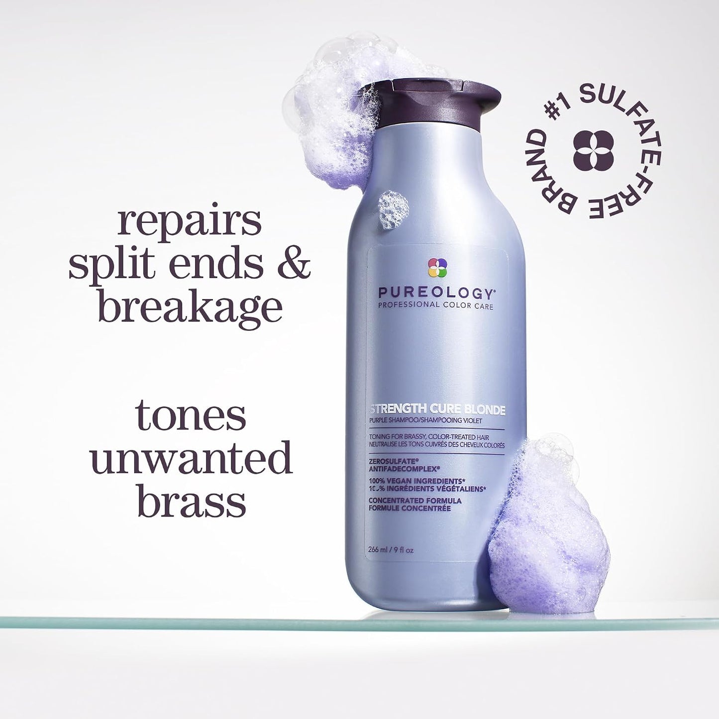 Pureology Strength Cure Blonde Purple Shampoo - Tones & Fortifies Brassy Hair | Sulfate-Free, Vegan Formula for Color-Treated Hair