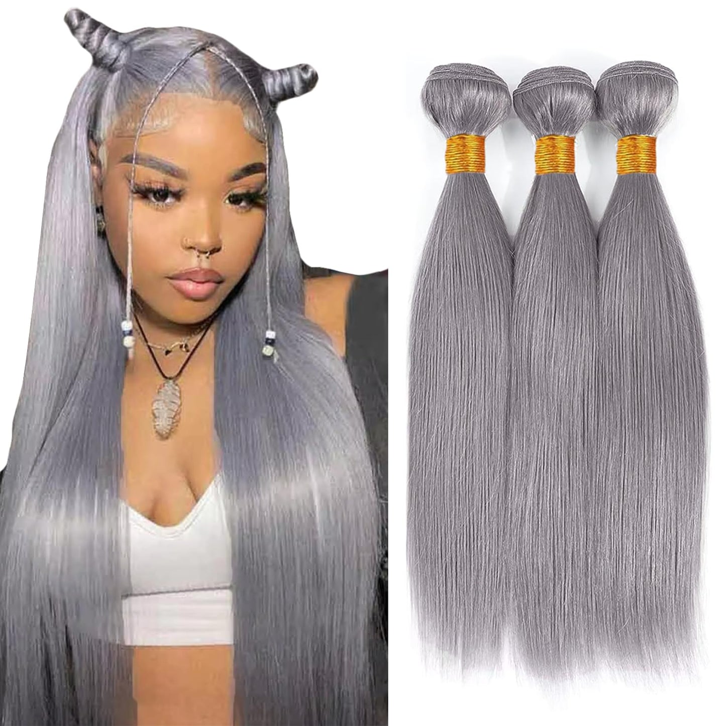 24 26 28 Inch Gray Bundles Straight 3 Bundles Human Hair Brazilian Remy Hair 50 Grams/Bundle 10A Grade Unprocessed Virgin Hairs Silver Grey Color Straight Bundle Weaves Extensions