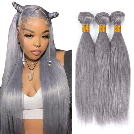24 26 28 Inch Gray Bundles Straight 3 Bundles Human Hair Brazilian Remy Hair 50 Grams/Bundle 10A Grade Unprocessed Virgin Hairs Silver Grey Color Straight Bundle Weaves Extensions