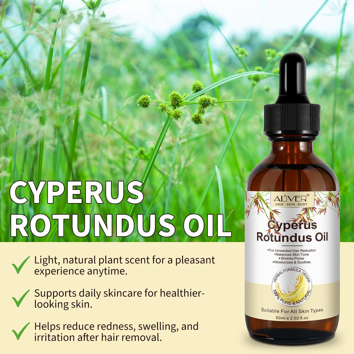 Cyperus Rotundus Oil for Hair Removal, 2PCS 100% Pure Natural Body and Facial Hair Removal for Women, Reduces Unwanted Hair Growth After Shave, Shrink Pores, Hydrates, Soothes and Repairs Skin