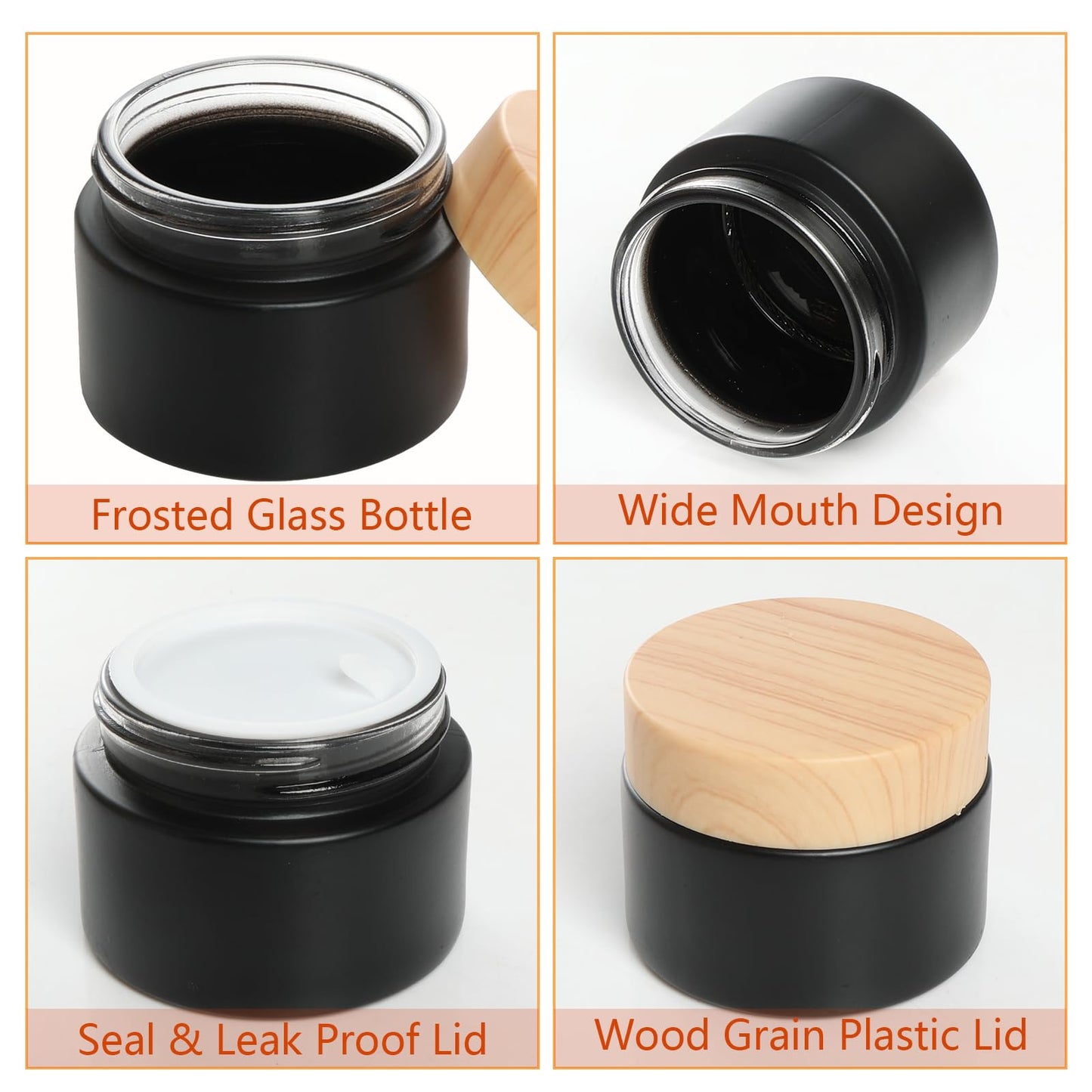 Miayon 6Pcs Glass Lotion Cream Container with Lid Refillable Empty Sample Cosmetic Jar for Makeup Scrub Cream Toiletries Home Travel (Black,15ml,30ml,50ml)