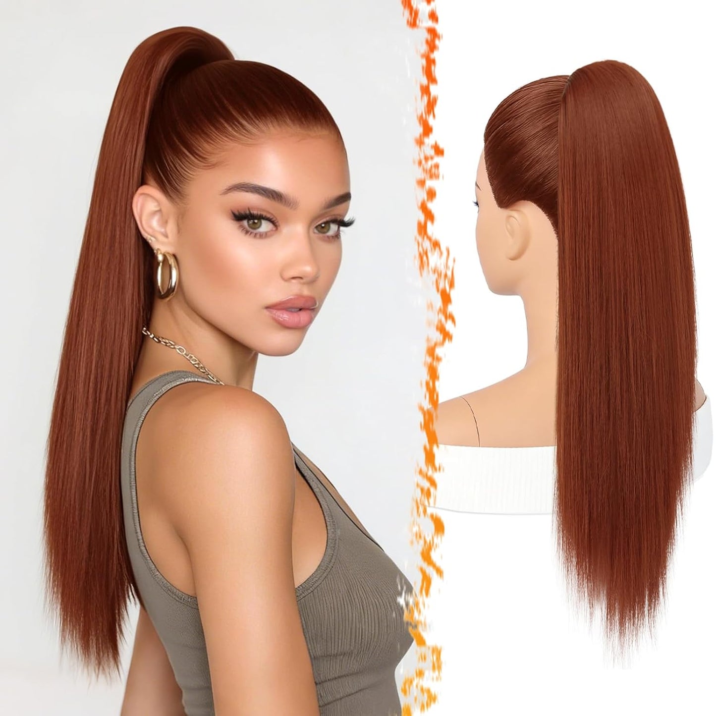 Auburn Straight Drawstring Ponytail Extension - 22 Inch Soft Synthetic Hairpiece for Natural Look | Thick Copper Ponytail