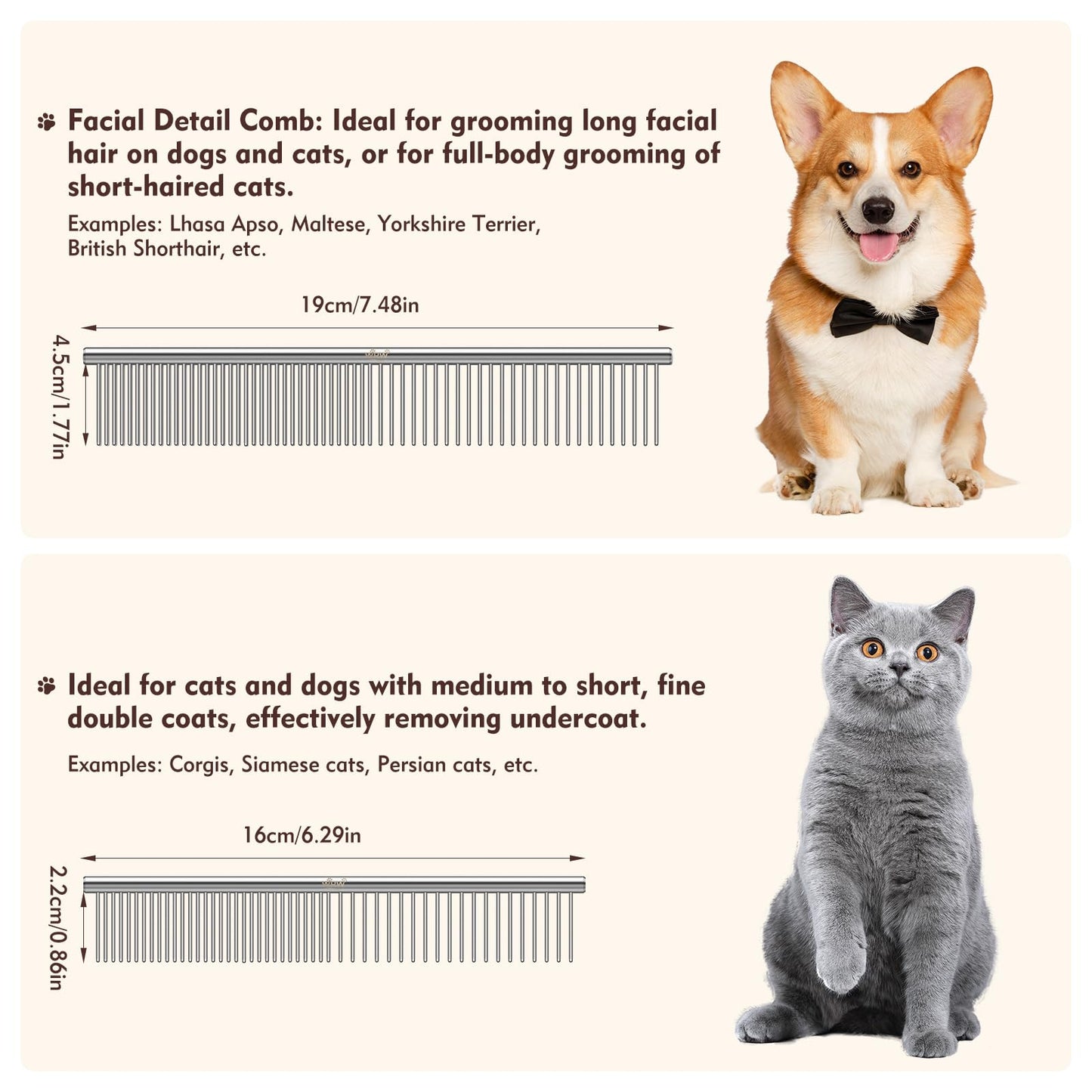 WRW Stainless Steel Dog Combs [4 Pcs], Groom Like a Professional, Coarse Pet Butter Comb for Dog ＆ Cat, Rounded Corners Prevent Friction and Breakage, 4 Sizes of Steel Teeth Fit Most Pet Fur