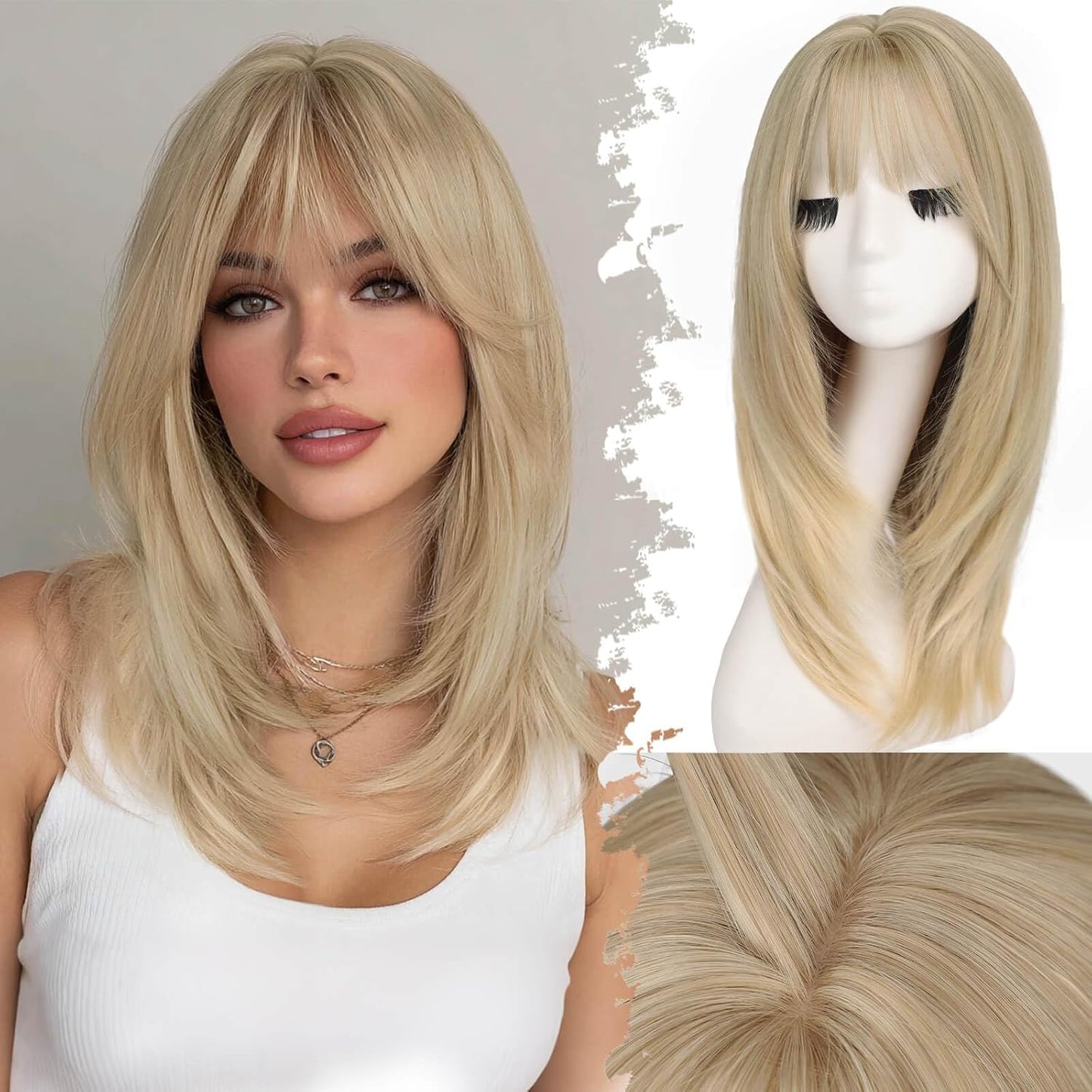 Beginner-Friendly Ash Blonde Wig with Bangs - 4x4 Glueless Synthetic Hair, Medium Length, Face-Framing Layers