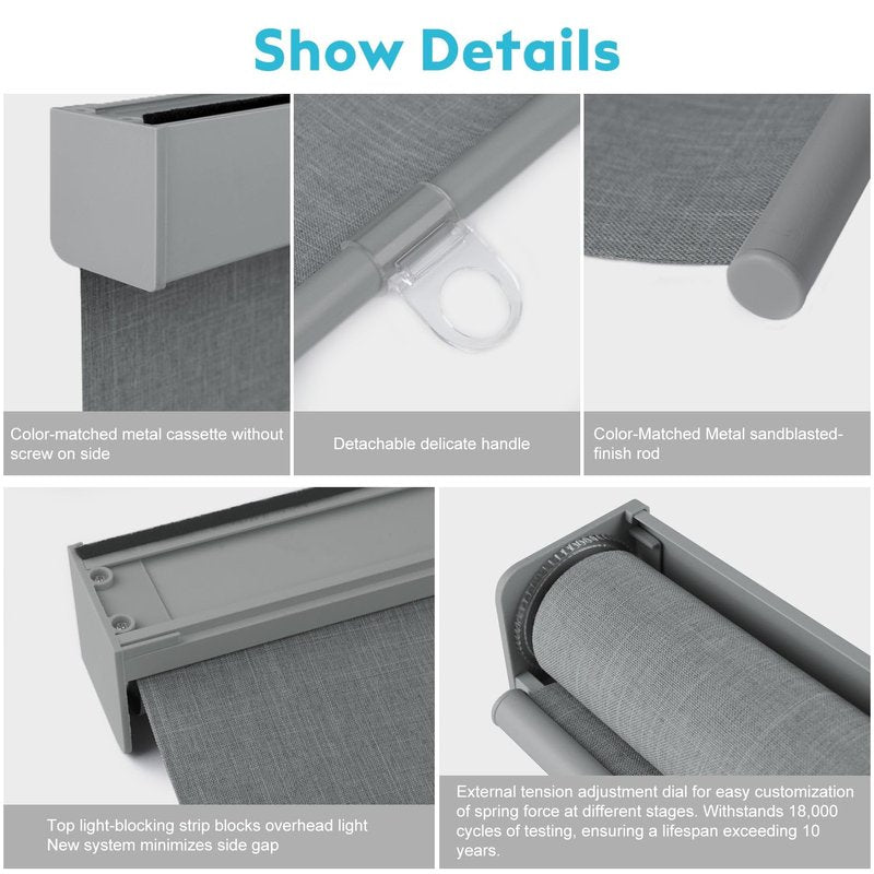 Blindify 100% Blackout Roller Shades, Free-Stop Cordless Roller Blinds for Windows, Thermal Insulated Linen Fabric Window Shades UV Protection for Home, Door, Grey, 37" W x 72" H