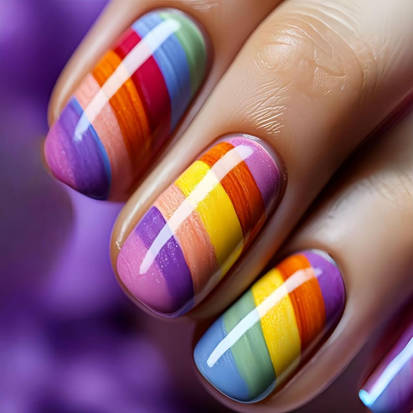 Rainbow Press On Nails - Medium Square Acrylic Nails with Colorful Stripes | 24 Pcs Full Cover Summer Design