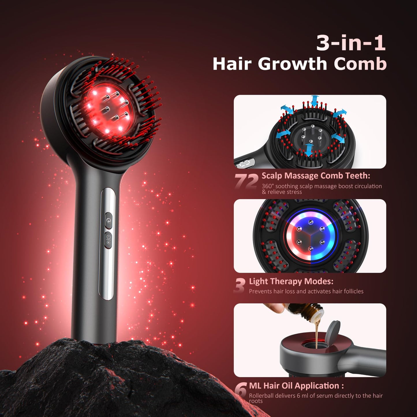 Uoboo Laser Therapy Hair Growth Comb, 3 in 1 Hair Growth Brush Electric Scalp Massager Oil Applicator High Frequency Comb, IPX7 Waterproof Portable Head Massager for Home & Travel