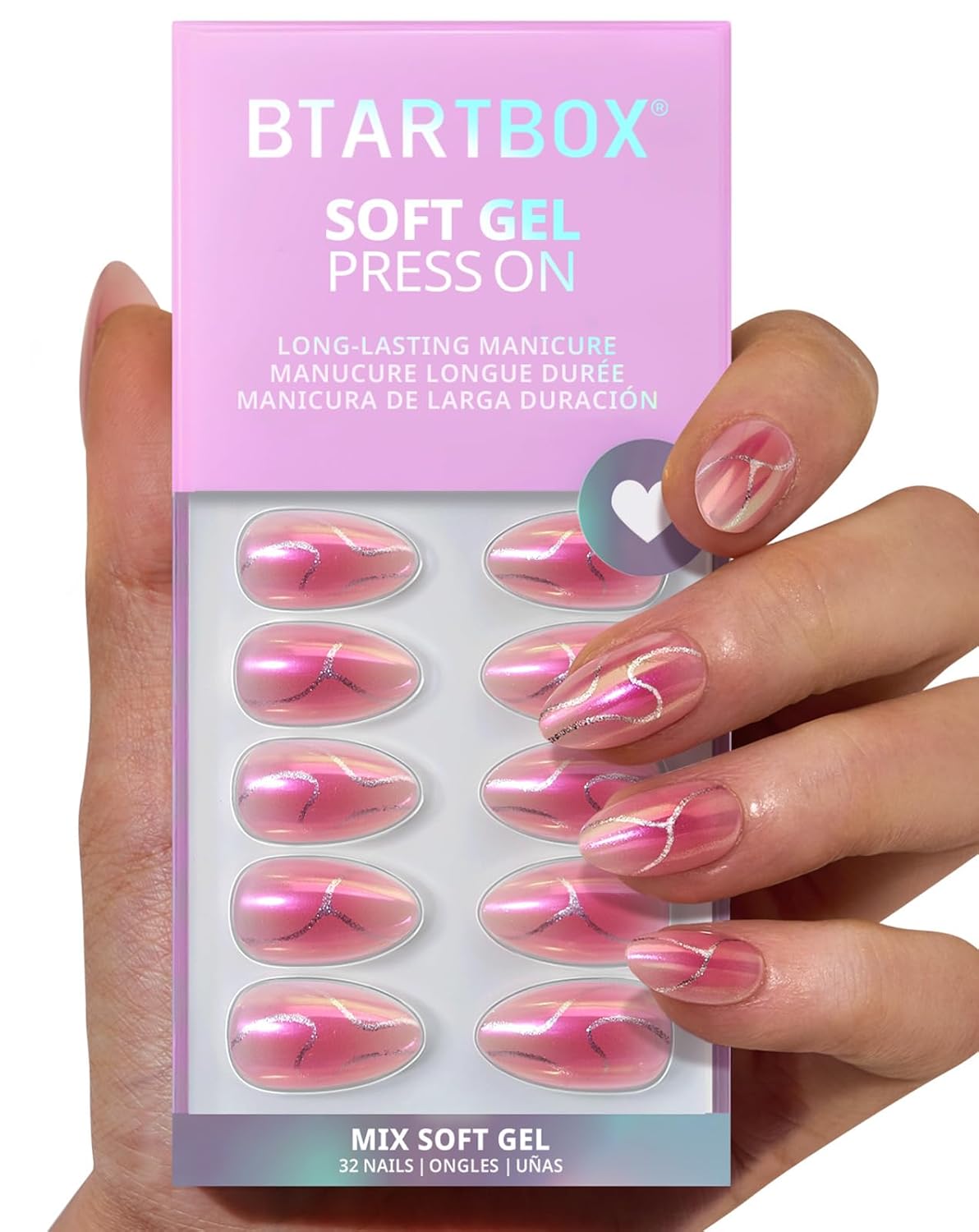 Press On Nails - 3D Butterfly French Tip Almond Design | Opaque Soft Gel, 16 Sizes, 32 Nail Kit