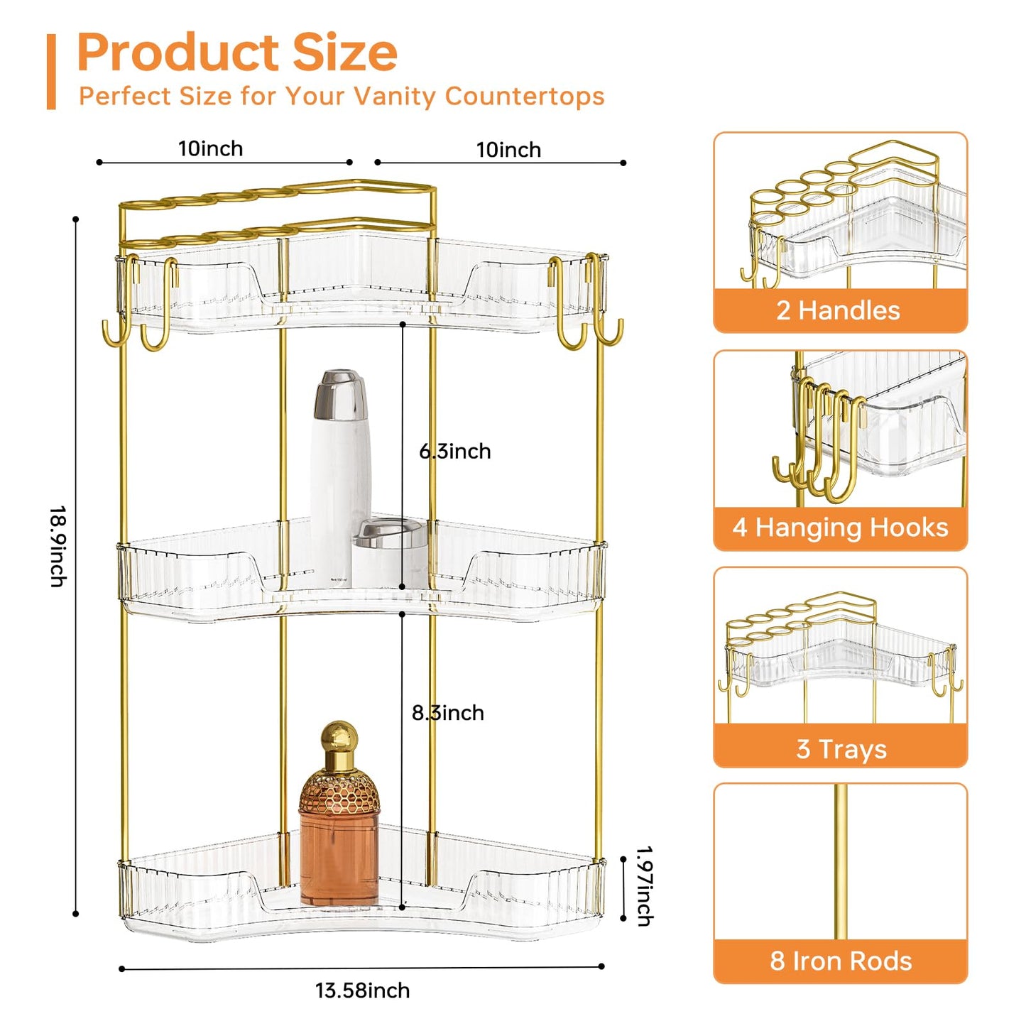 Greenby 3-Tier Corner Bathroom Counter Organizer，Makeup & Skincare Shelf with Built-in Brush Holder，Space-Saving Bathroom Countertop Organizer for Skincare, Perfume, Cosmetics(Clear)
