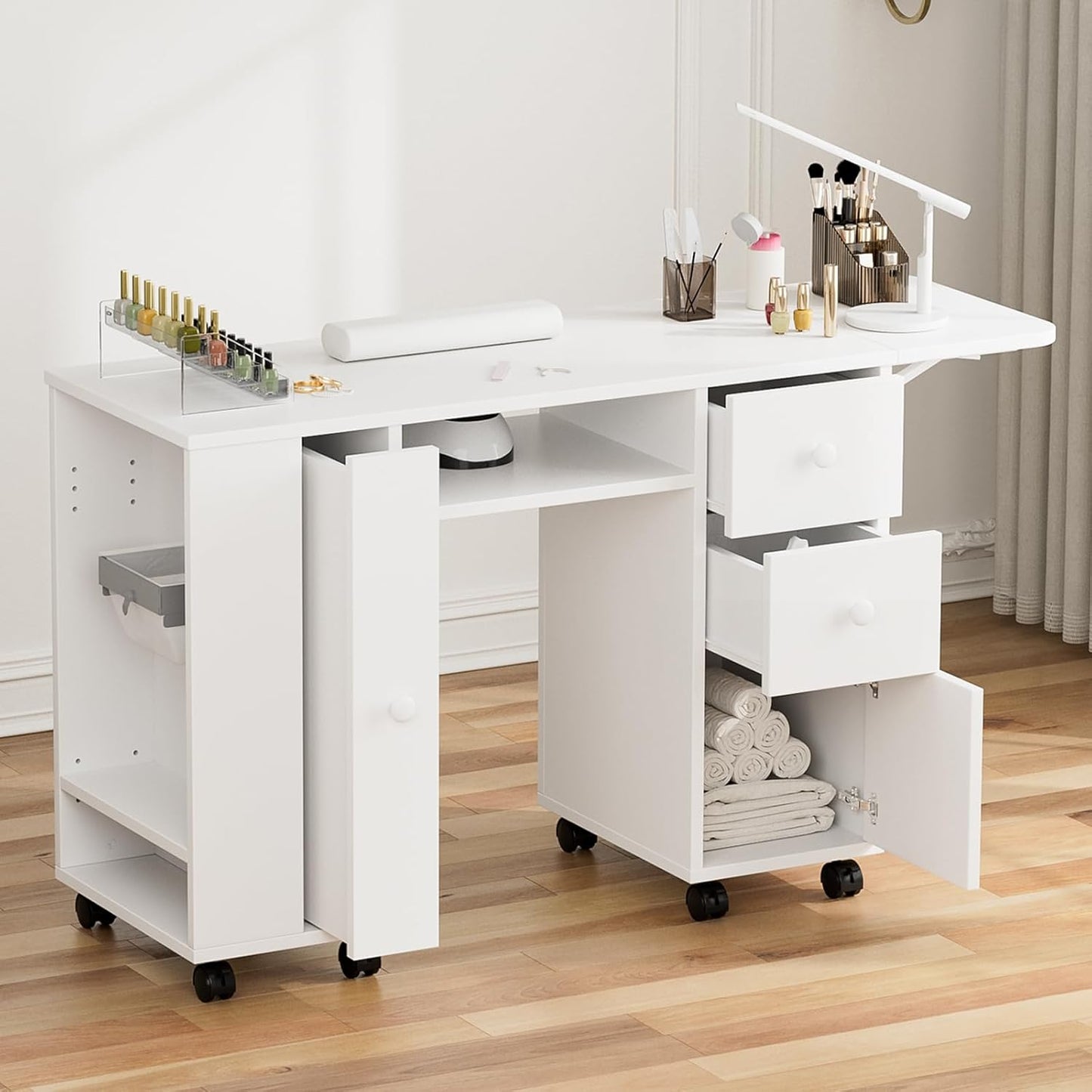 Manicure Table - Paddie Nail Desk with Extendable Surface, Trash Bag Holder & Lockable Wheels | White