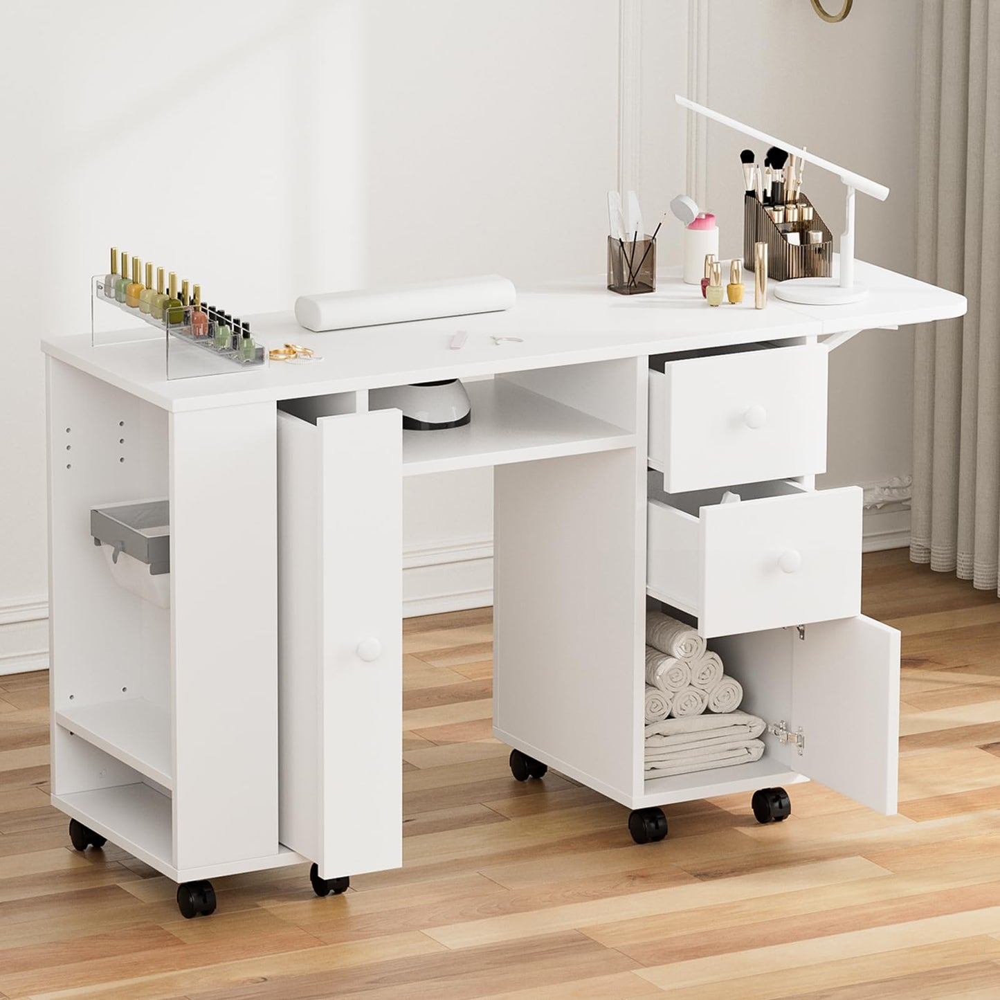 Paddie Manicure Table with Extendable Table, Nail Desk Table for Nail Tech with Trash Bag Holder & Vertical Drawer, Nail Beauty Station with Wrist Cushion, Lockable Wheels, Storage Cabinet(White-New)